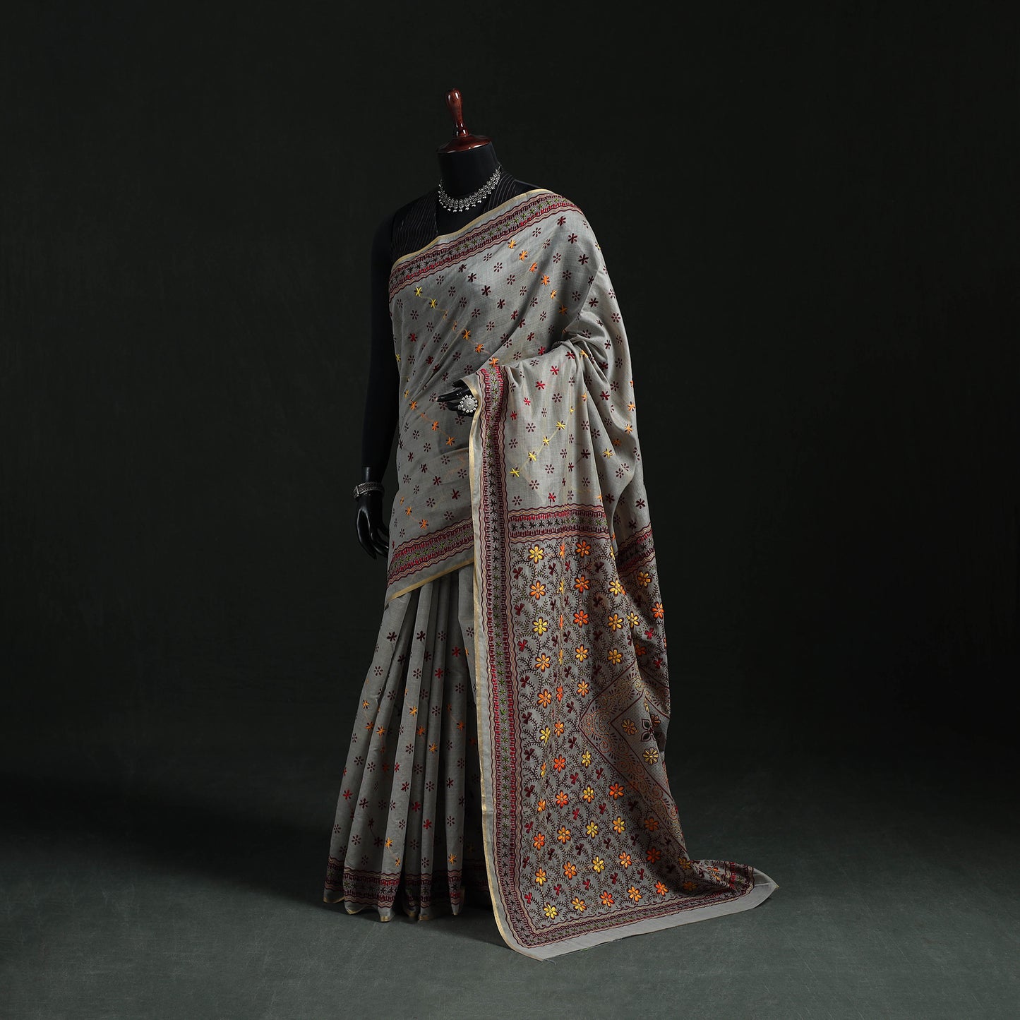 Bengal Kantha Hand Embroidery Silk Cotton Chapa Work Saree 63