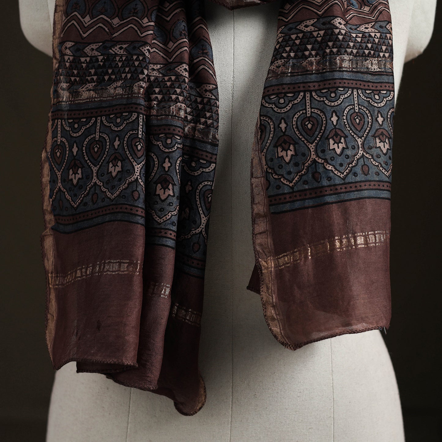 Handloom Chanderi Silk Ajrakh Hand Block Print Natural Dyed Stole 17