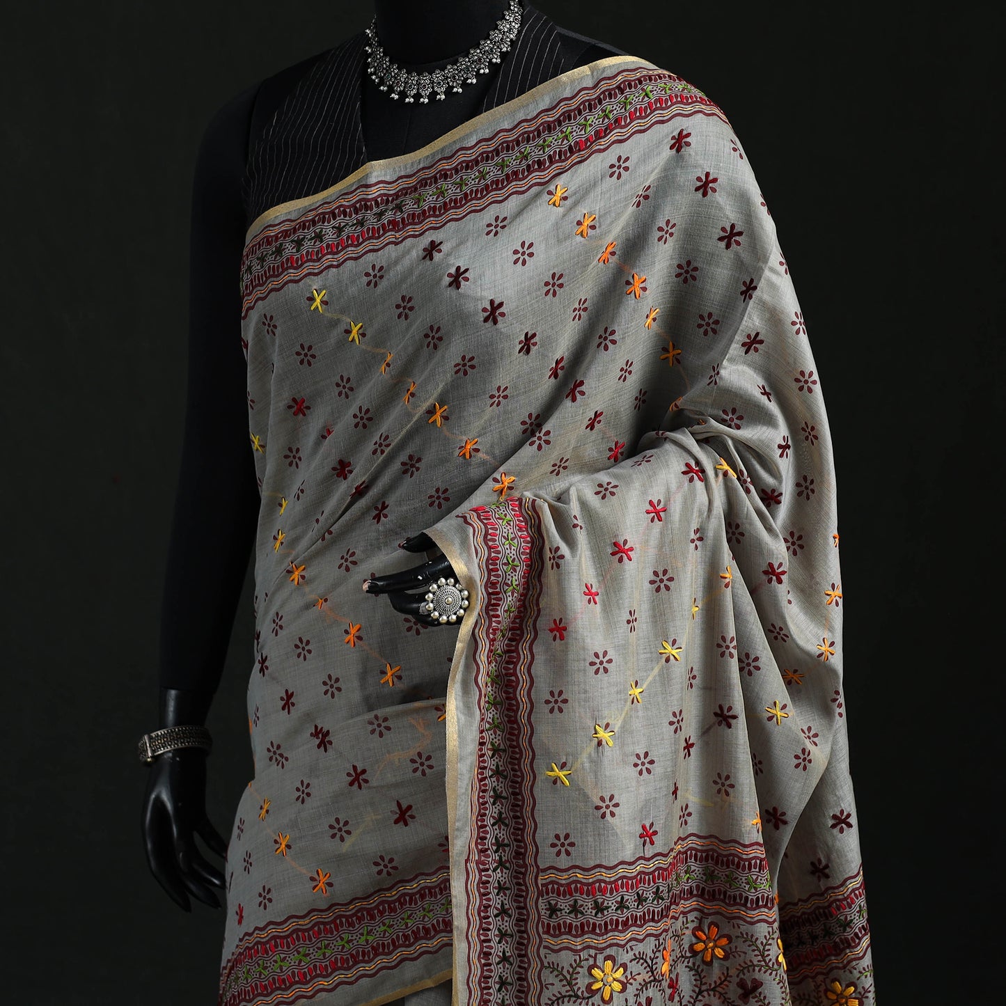 Bengal Kantha Hand Embroidery Silk Cotton Chapa Work Saree 63