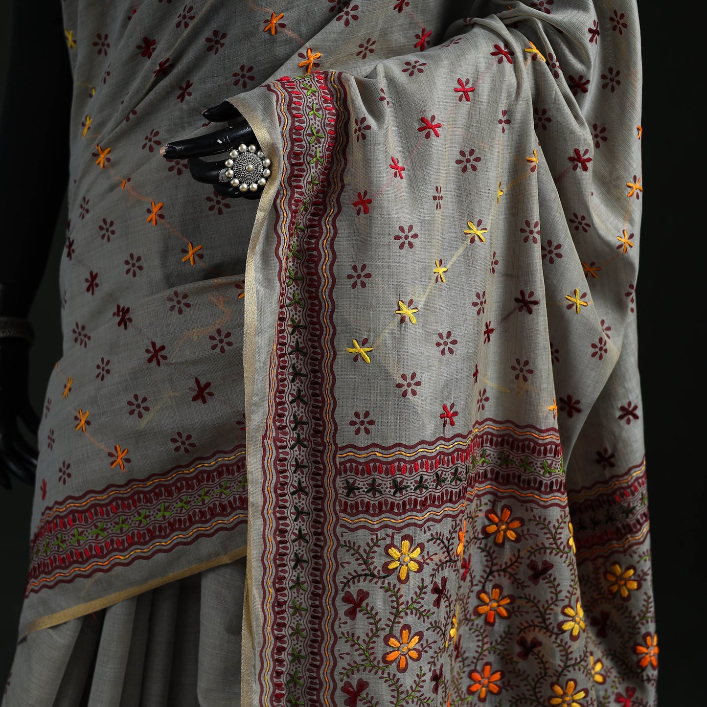 Bengal Kantha Hand Embroidery Silk Cotton Chapa Work Saree 63