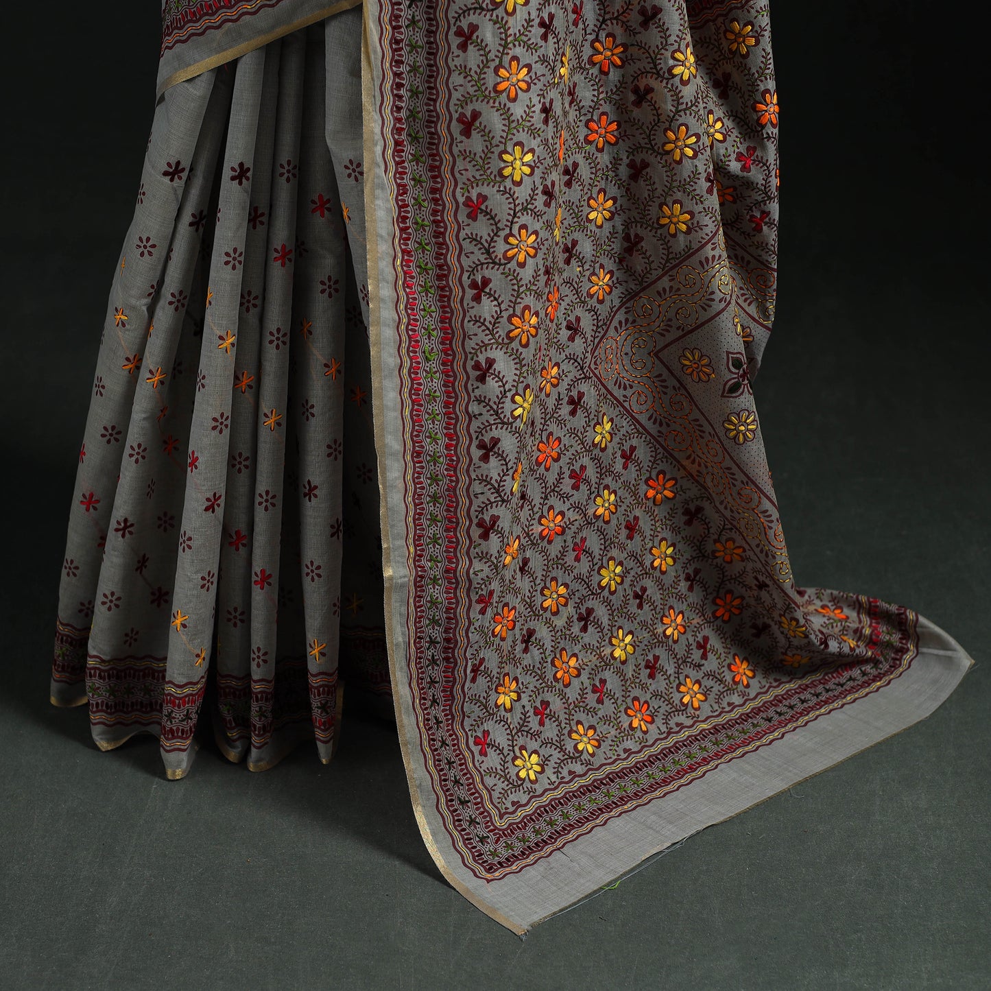 Bengal Kantha Hand Embroidery Silk Cotton Chapa Work Saree 63