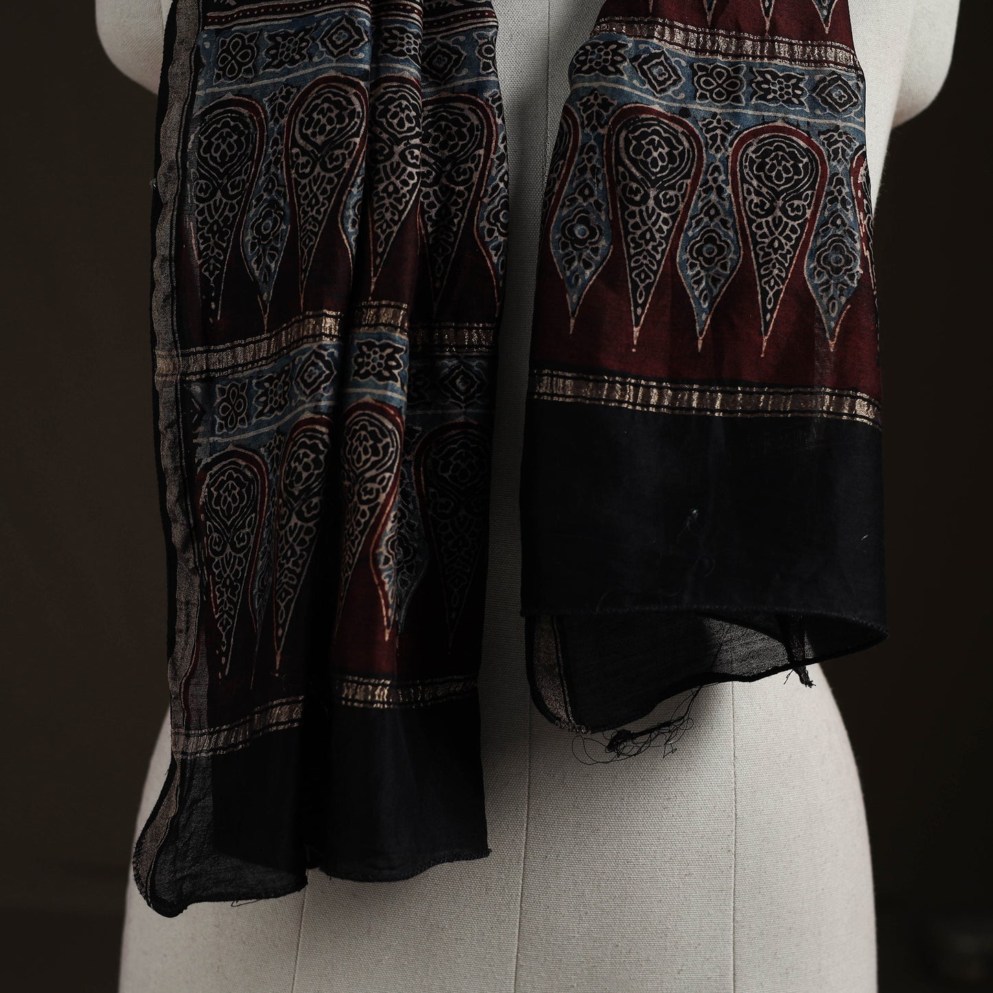 Handloom Chanderi Silk Ajrakh Hand Block Print Natural Dyed Stole 19