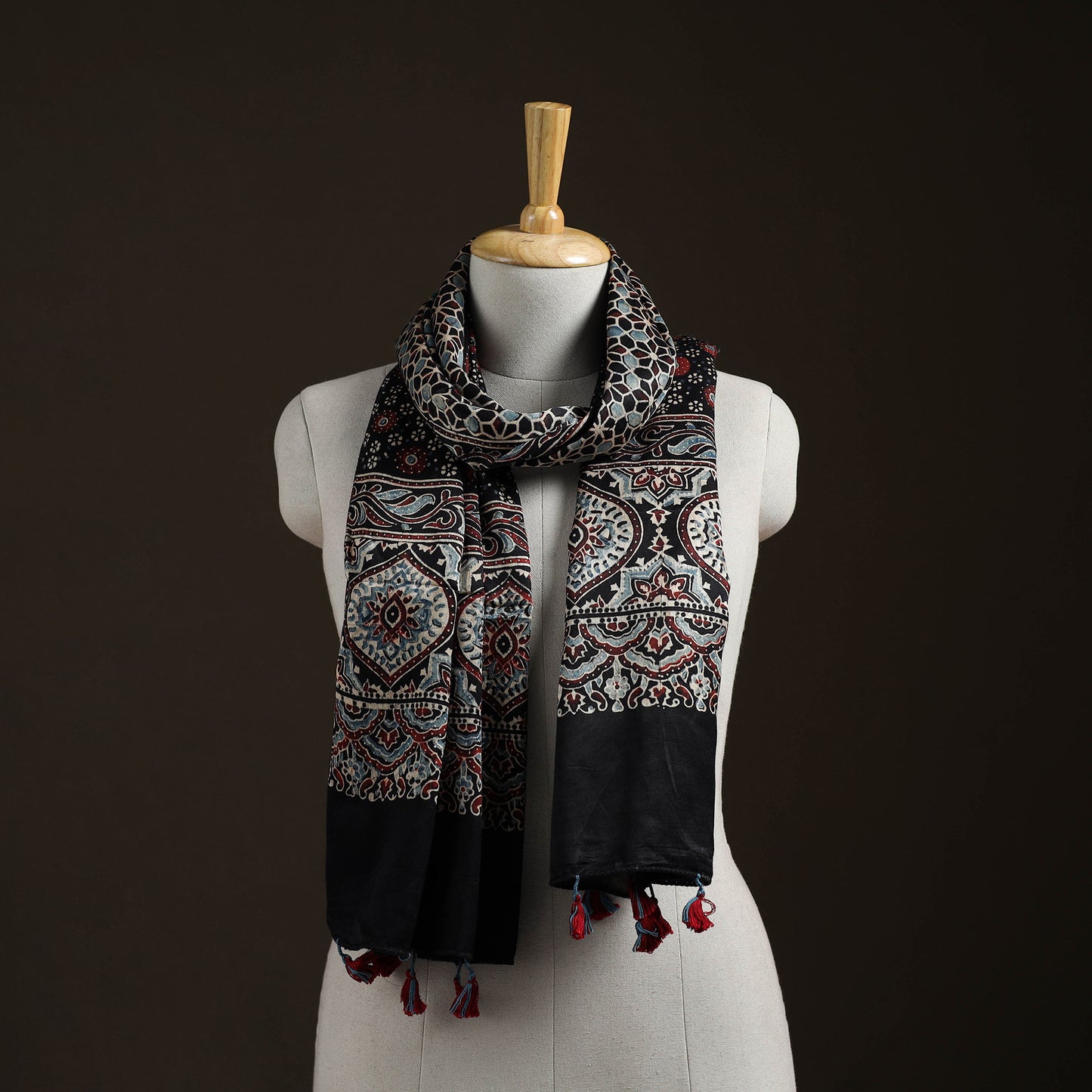 Hand Block Print Natural Dyed Mashru Silk Ajrakh Stole 01