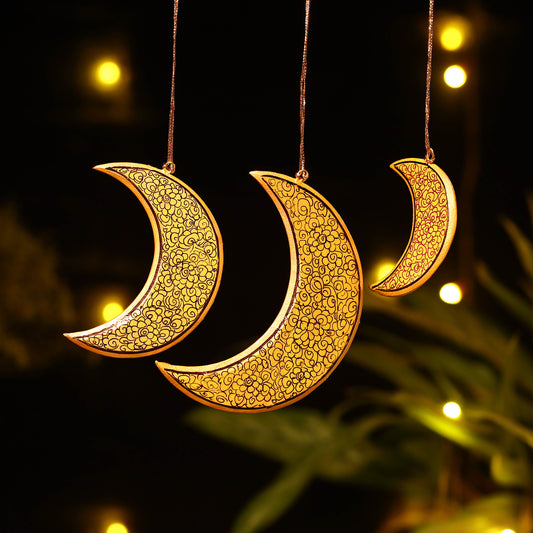 Moon - Kashmir Handpainted Wooden Christmas Ornament (Set of 3)