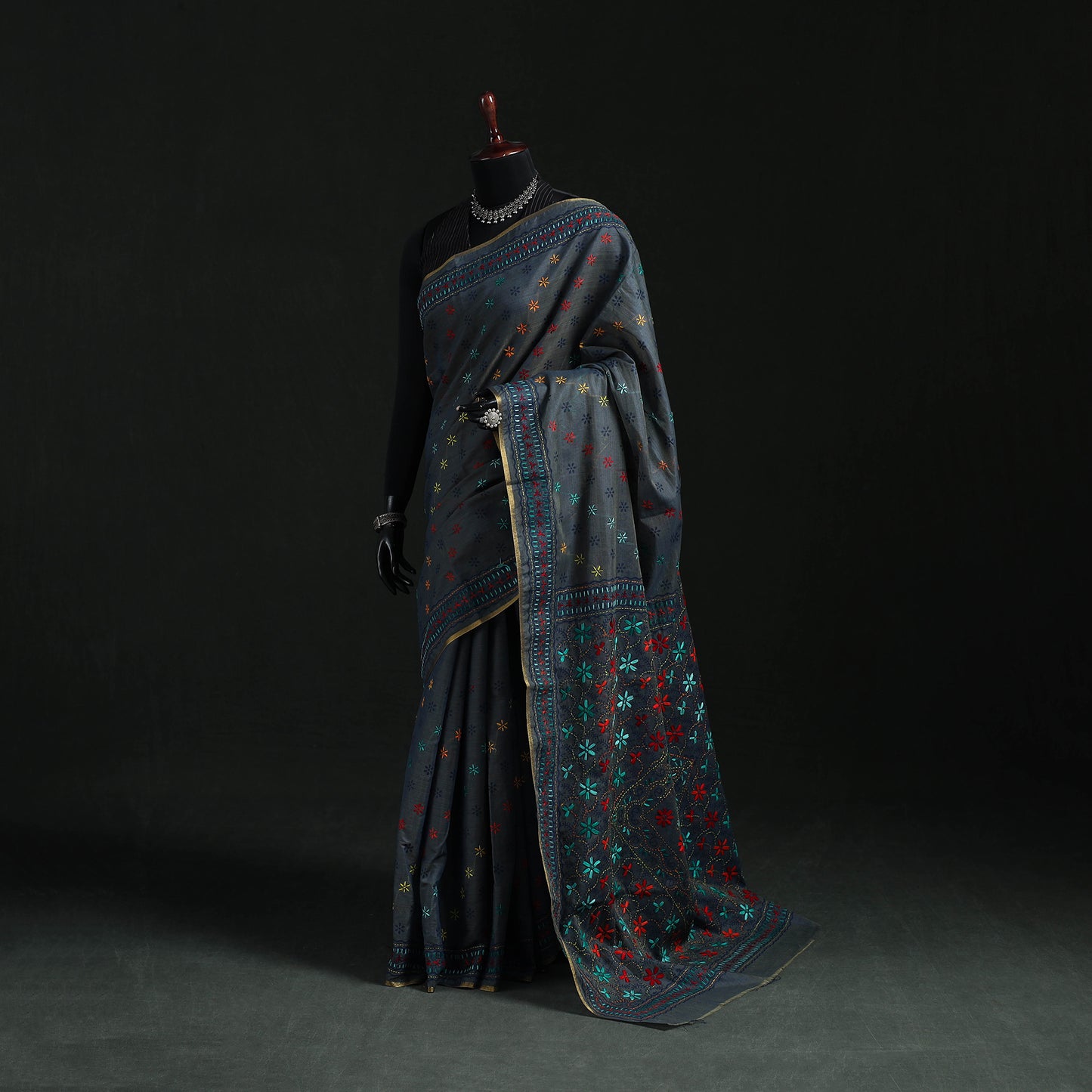 Bengal Kantha Hand Embroidery Silk Cotton Chapa Work Saree 67