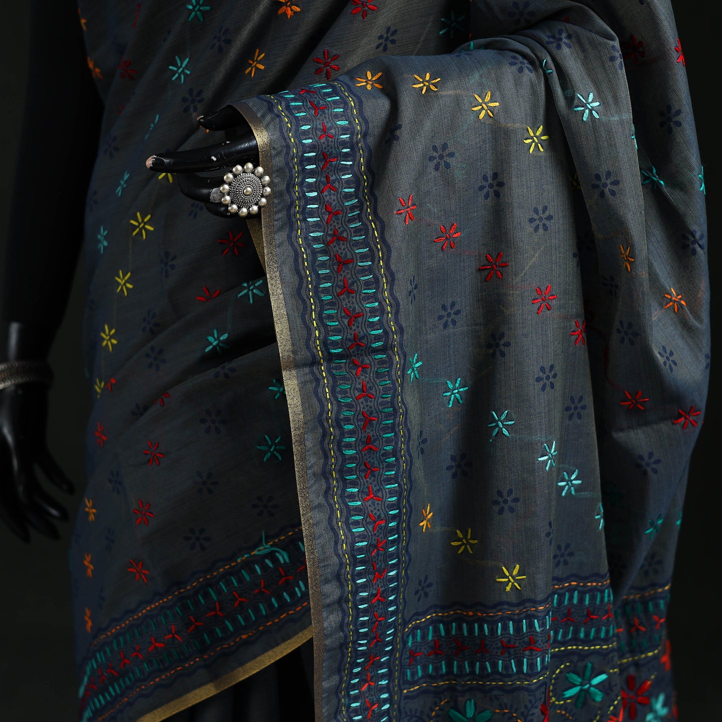 Bengal Kantha Hand Embroidery Silk Cotton Chapa Work Saree 67