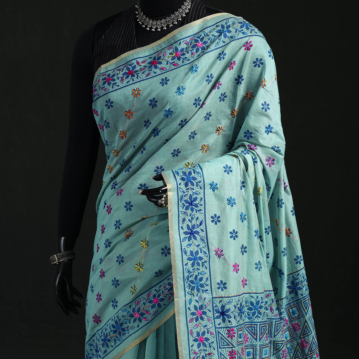 Blue - Bengal Kantha Hand Embroidery Silk Cotton Chapa Work Saree 68
