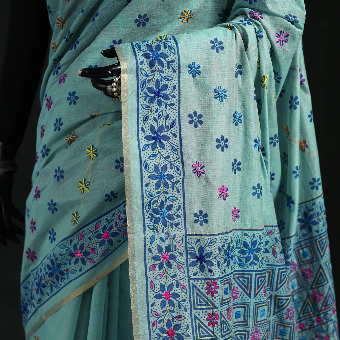 Blue - Bengal Kantha Hand Embroidery Silk Cotton Chapa Work Saree 68