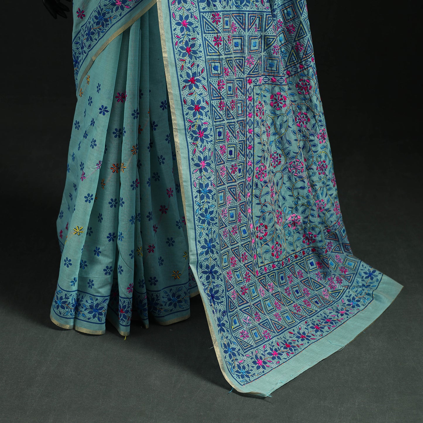 Blue - Bengal Kantha Hand Embroidery Silk Cotton Chapa Work Saree 68