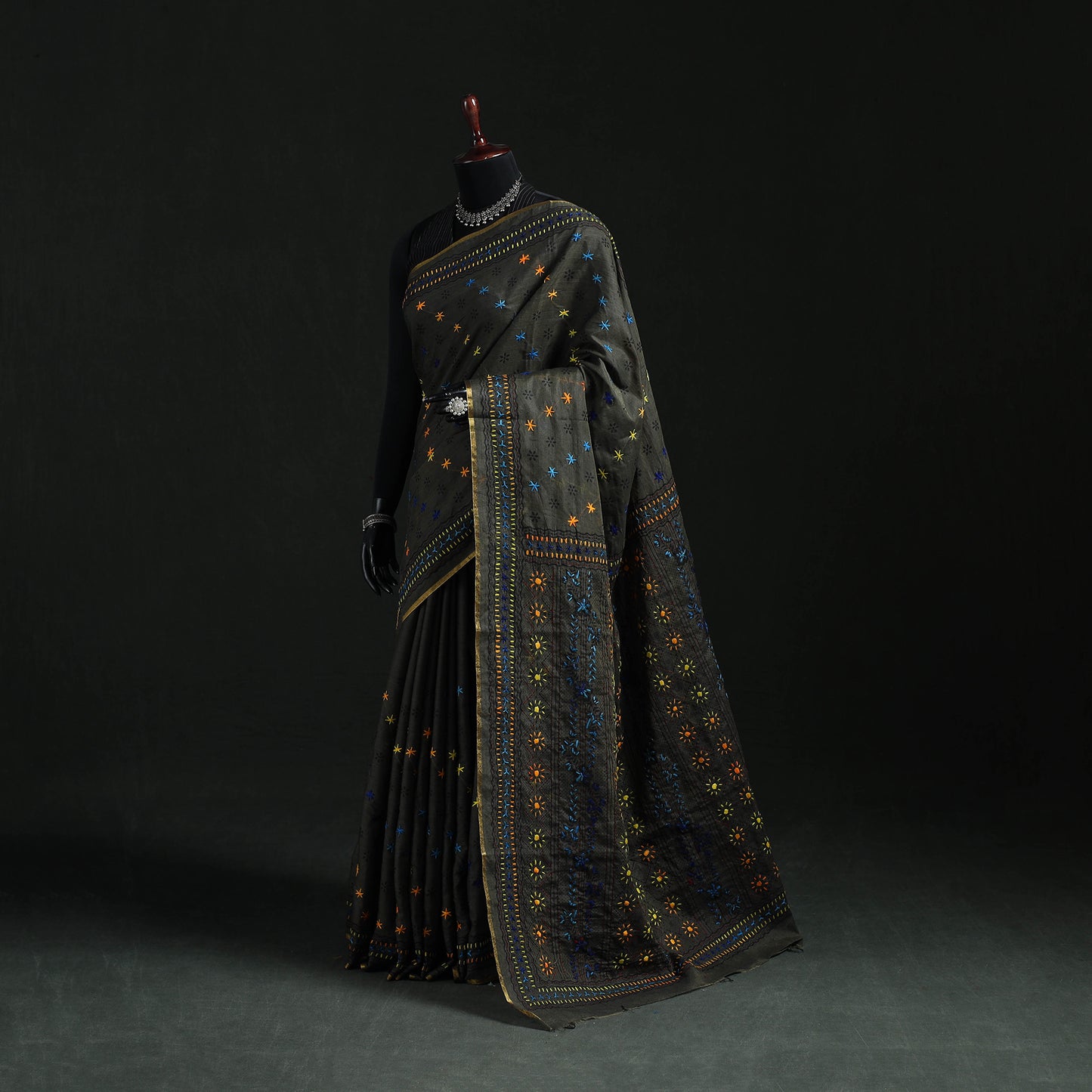 Black - Bengal Kantha Hand Embroidery Silk Cotton Chapa Work Saree 69