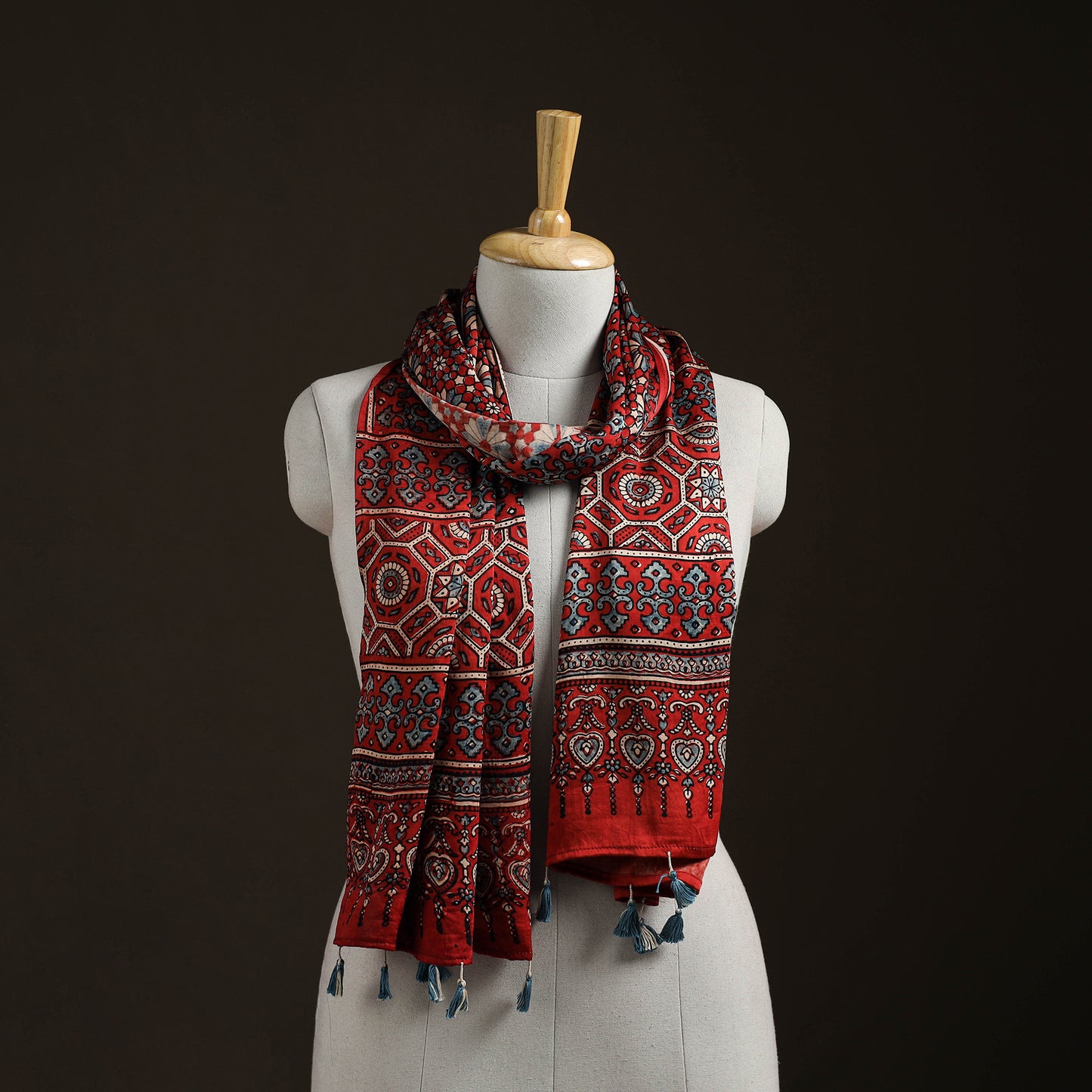 Hand Block Print Natural Dyed Modal Silk Ajrakh Stole 07
