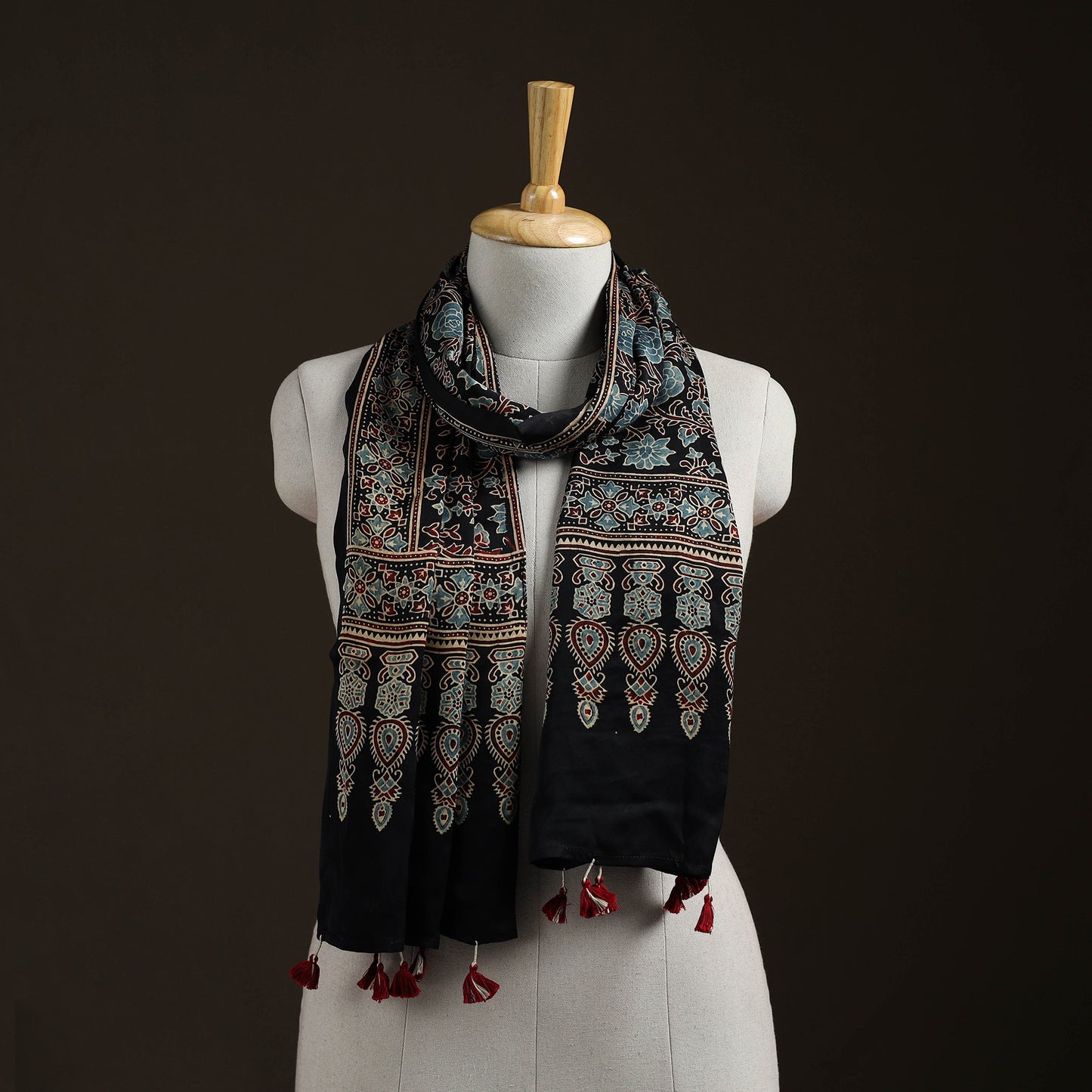 Hand Block Print Natural Dyed Modal Silk Ajrakh Stole 08