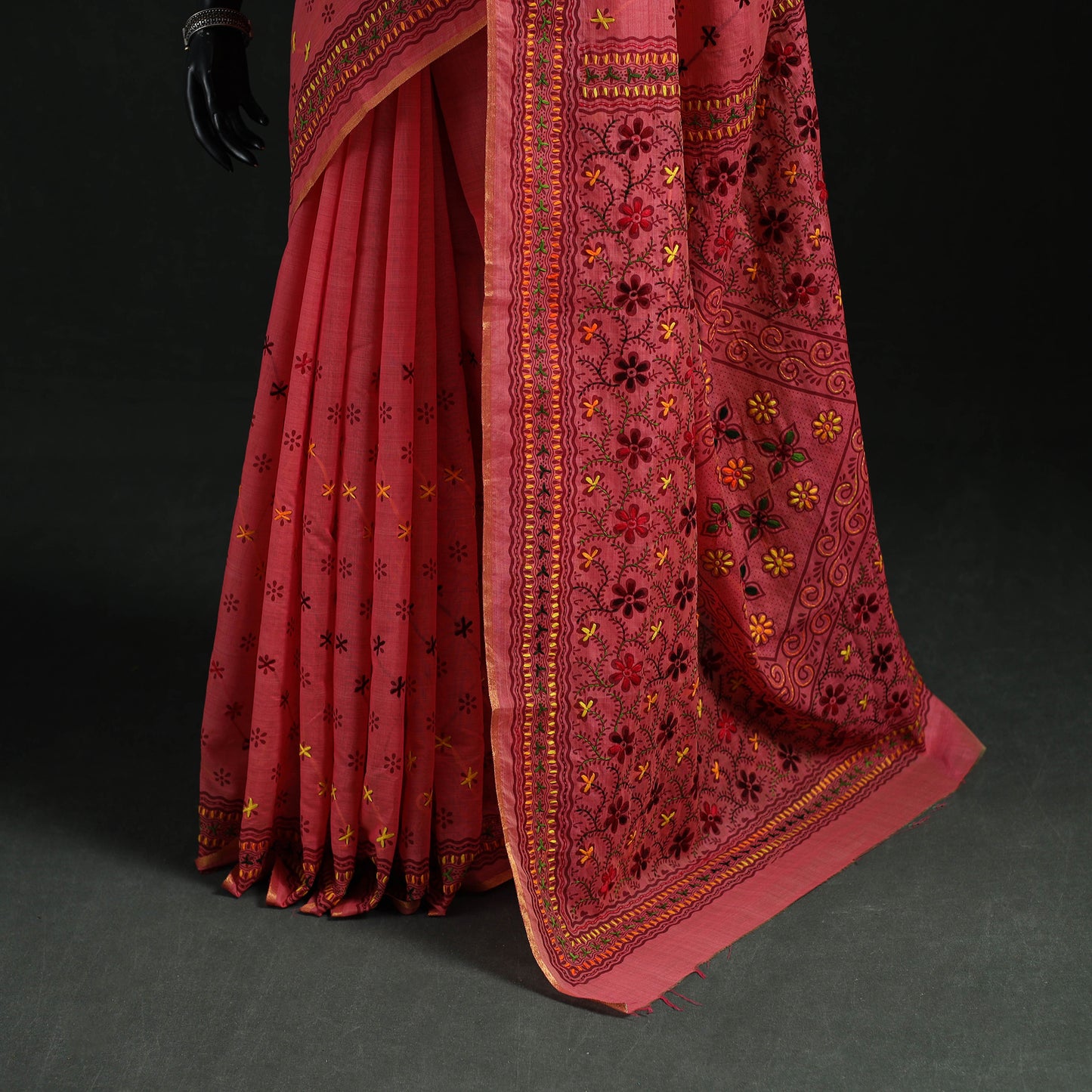 Pink - Bengal Kantha Hand Embroidery Silk Cotton Chapa Work Saree 70
