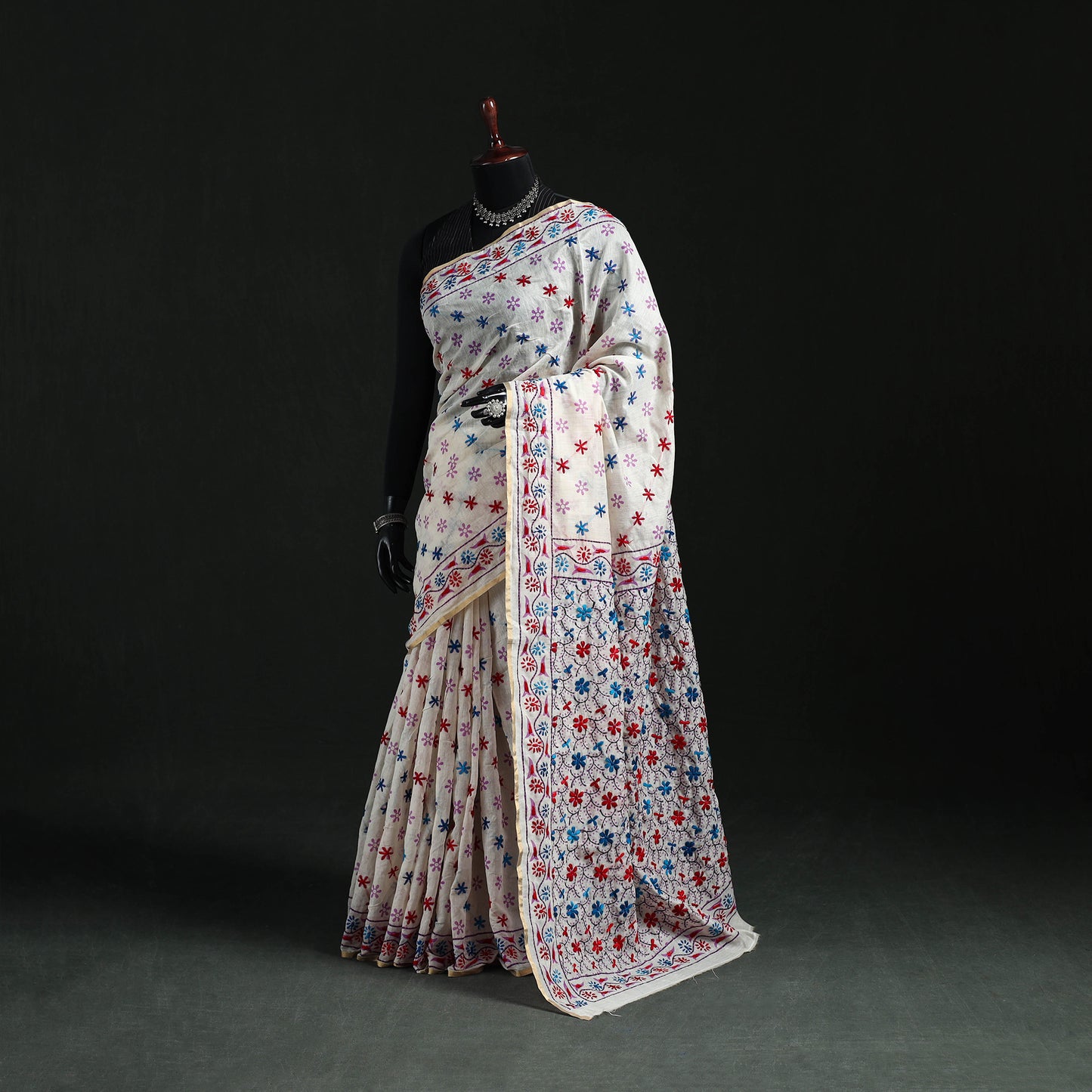 White - Bengal Kantha Hand Embroidery Silk Cotton Chapa Work Saree 71