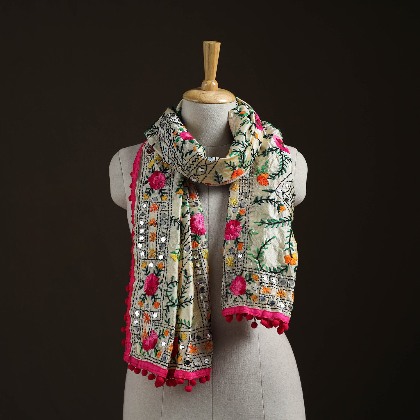 Ranihati Chanderi Silk Hand Embroidered Stole with Pom Pom 250