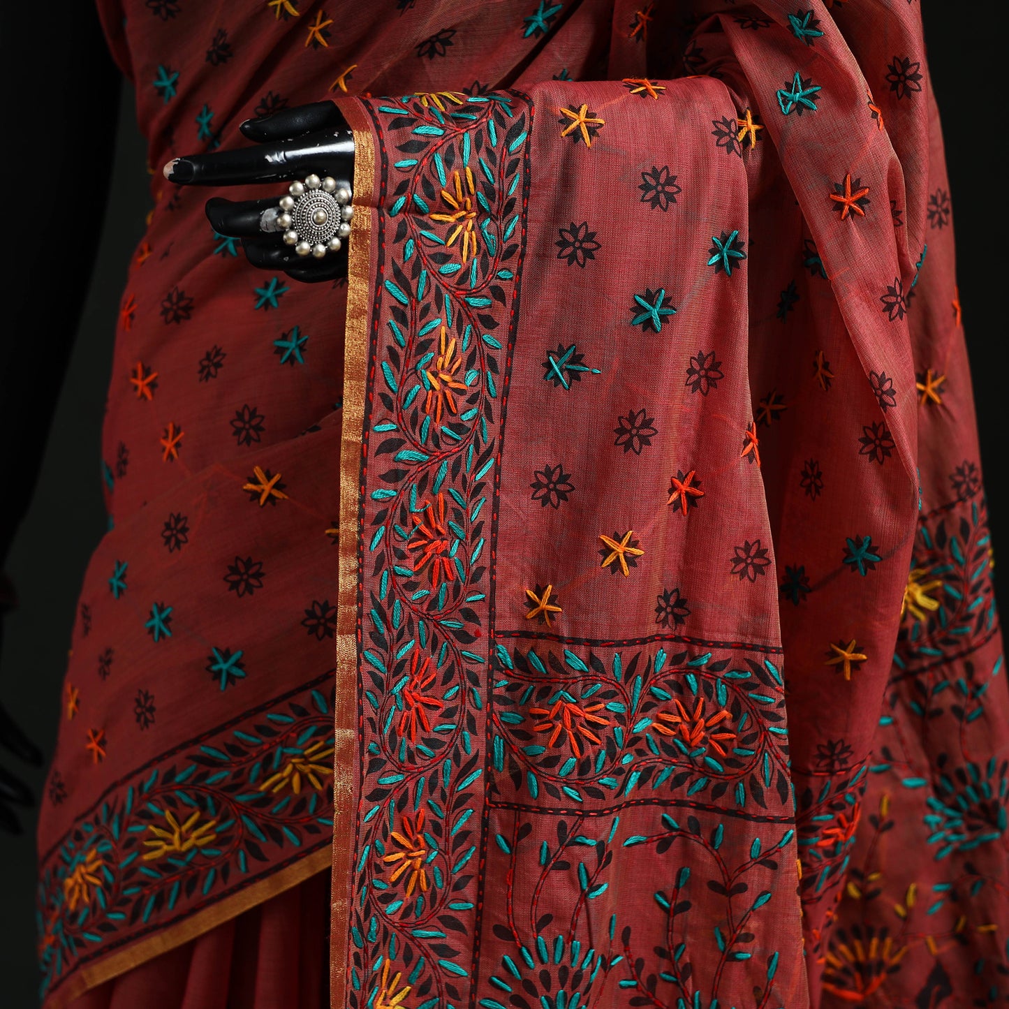 Maroon - Bengal Kantha Hand Embroidery Silk Cotton Chapa Work Saree 73