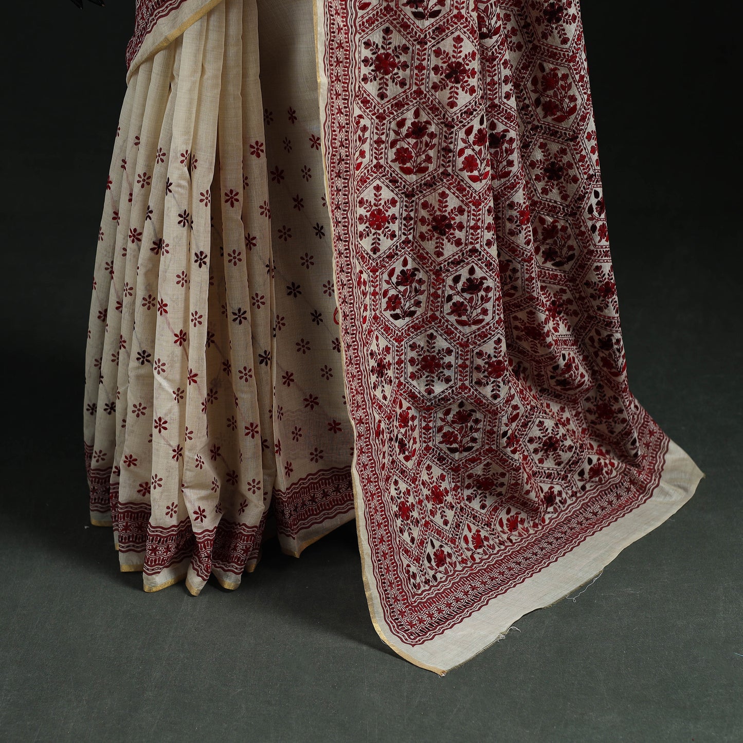 Bengal Kantha Hand Embroidery Silk Cotton Chapa Work Saree 74