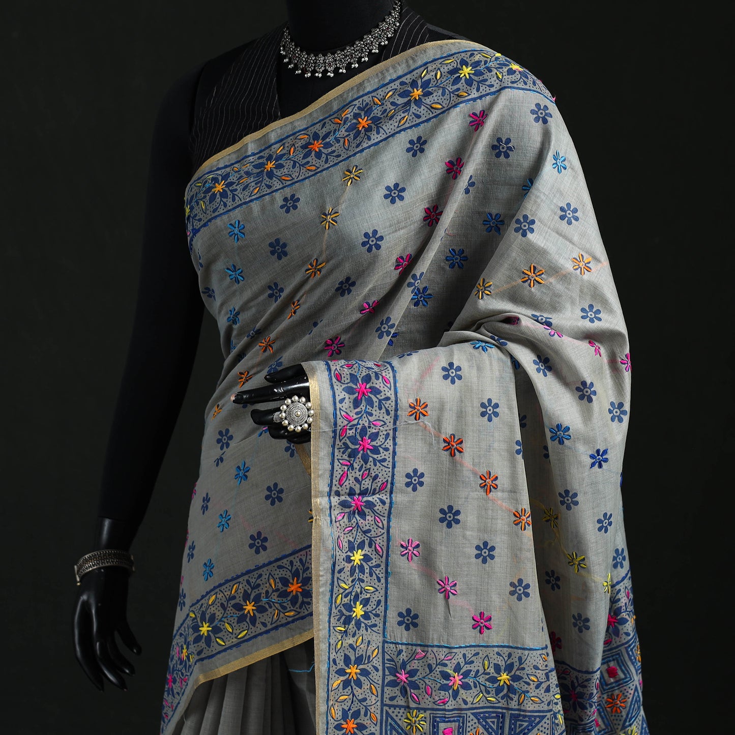 Gray - Bengal Kantha Hand Embroidery Silk Cotton Chapa Work Saree 75