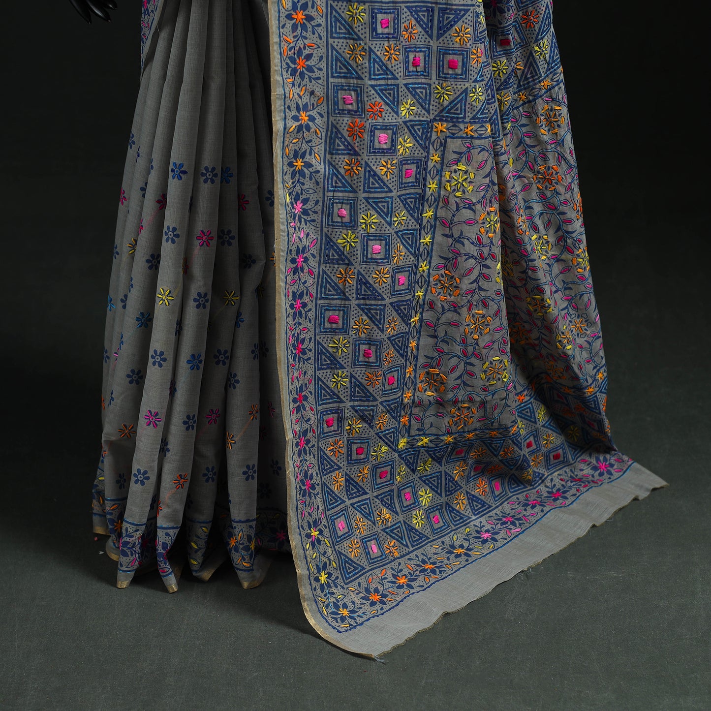 Gray - Bengal Kantha Hand Embroidery Silk Cotton Chapa Work Saree 75