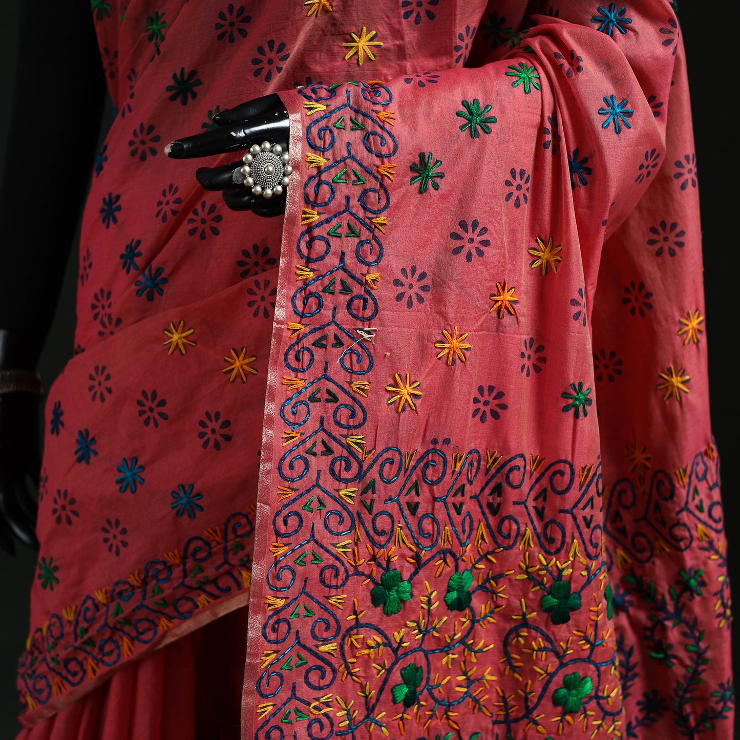 Pink - Bengal Kantha Hand Embroidery Silk Cotton Chapa Work Saree 76