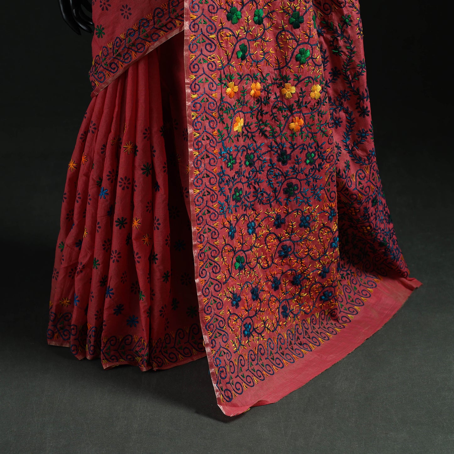 Pink - Bengal Kantha Hand Embroidery Silk Cotton Chapa Work Saree 76