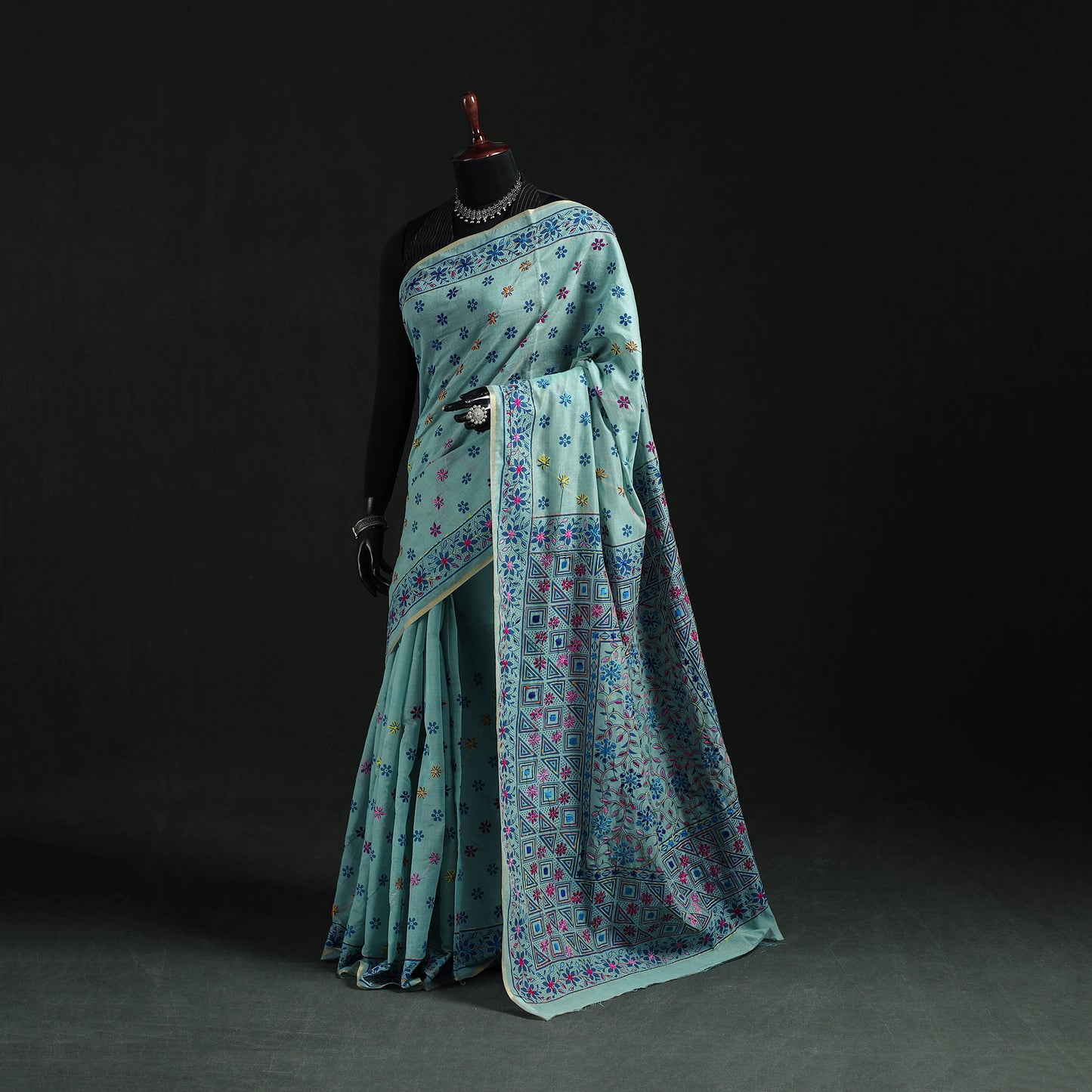 Blue - Bengal Kantha Hand Embroidery Silk Cotton Chapa Work Saree 77