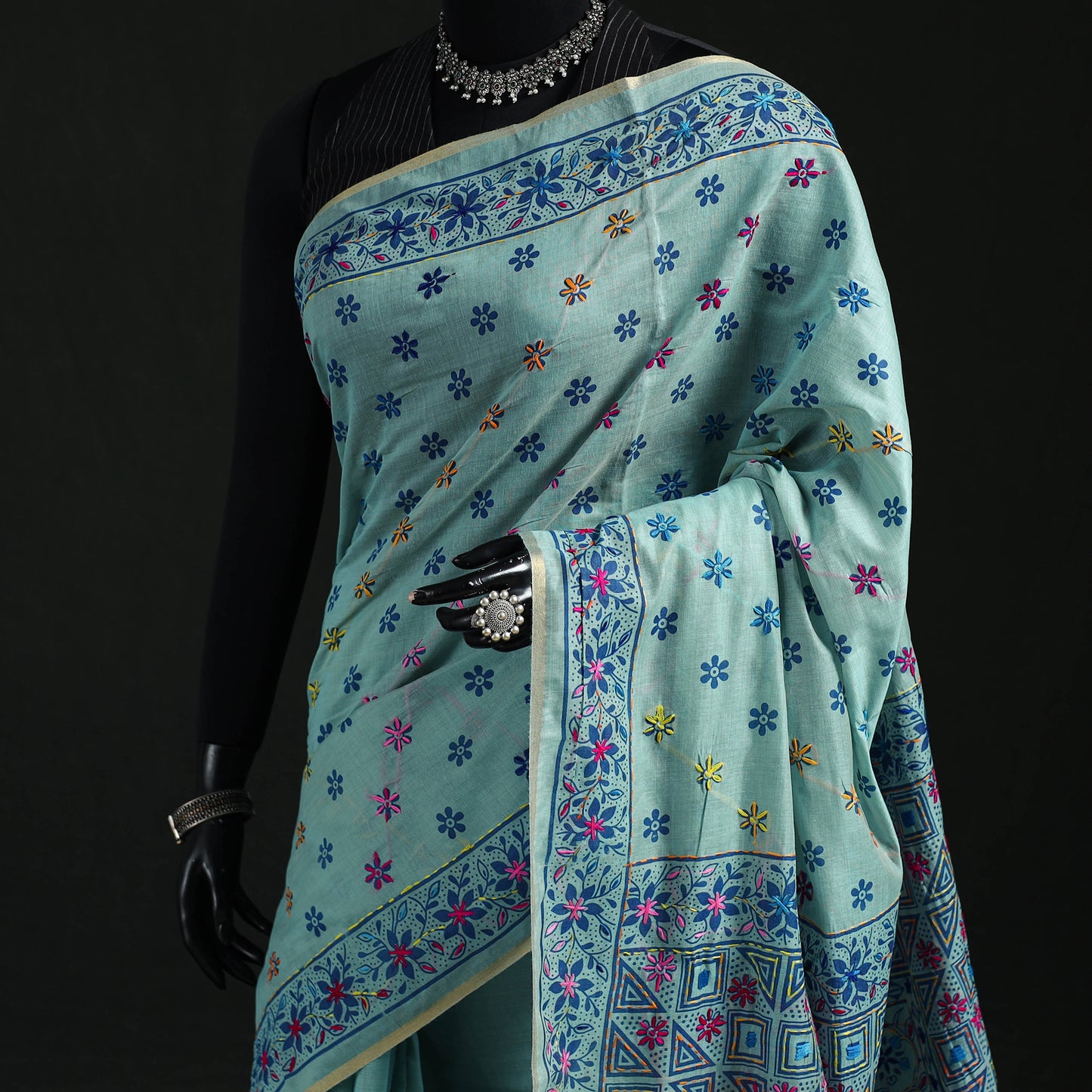 Blue - Bengal Kantha Hand Embroidery Silk Cotton Chapa Work Saree 77