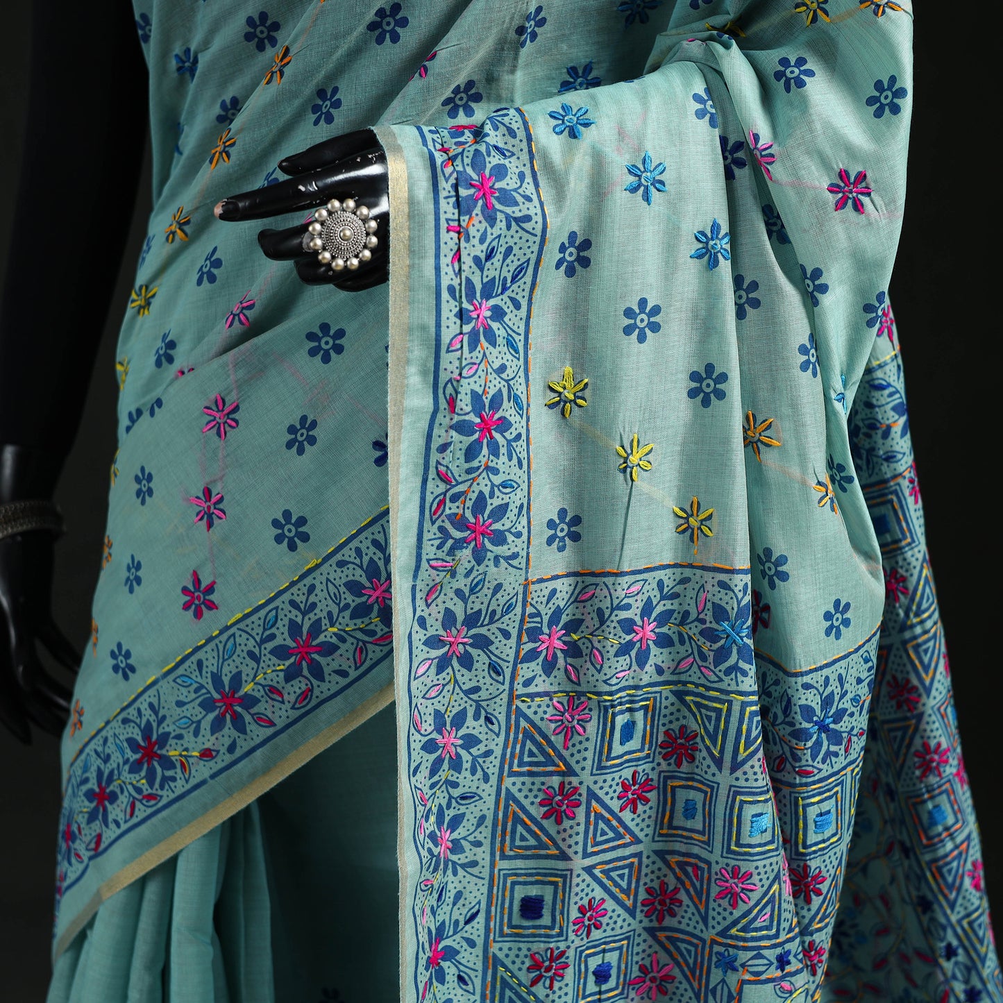 Blue - Bengal Kantha Hand Embroidery Silk Cotton Chapa Work Saree 77