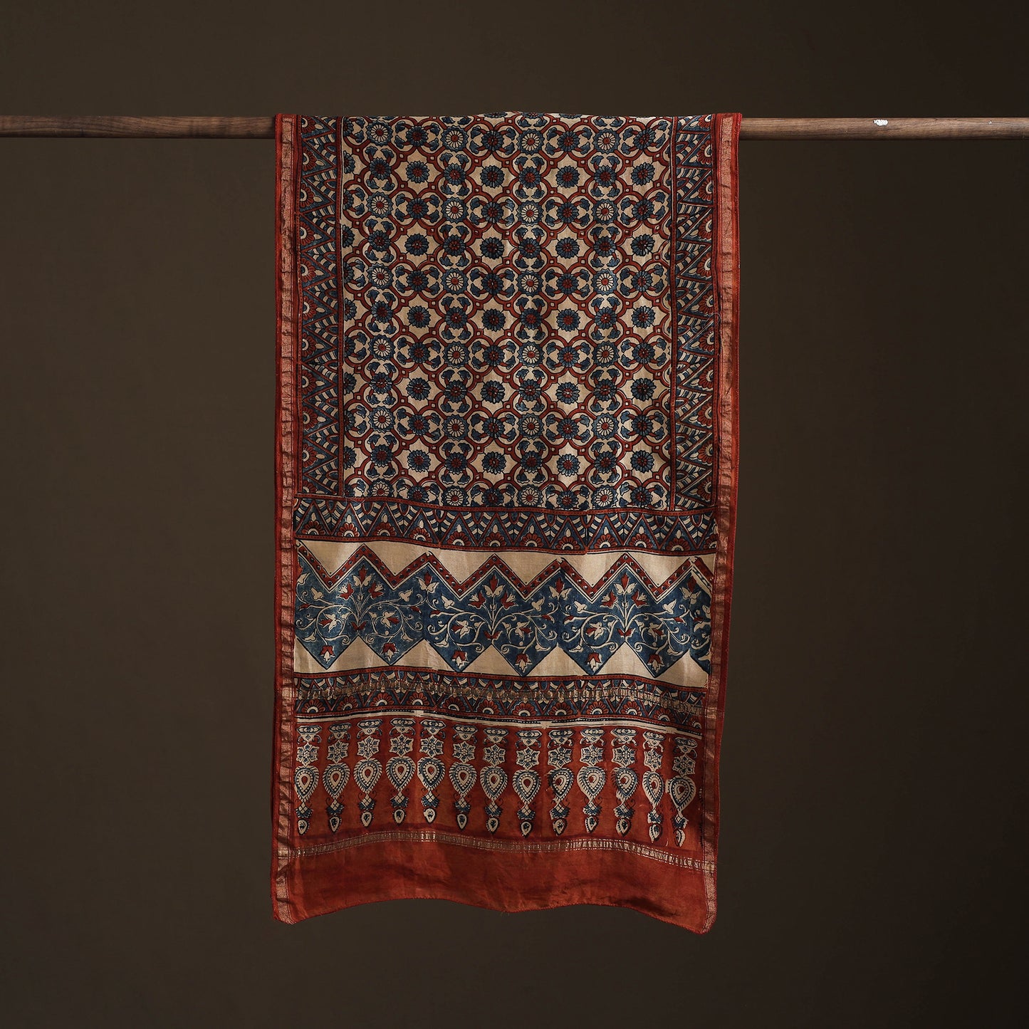 Handloom Chanderi Silk Ajrakh Hand Block Print Natural Dyed Stole 03