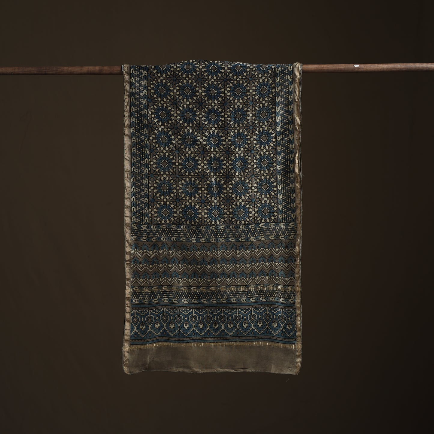 Handloom Chanderi Silk Ajrakh Hand Block Print Natural Dyed Stole 15