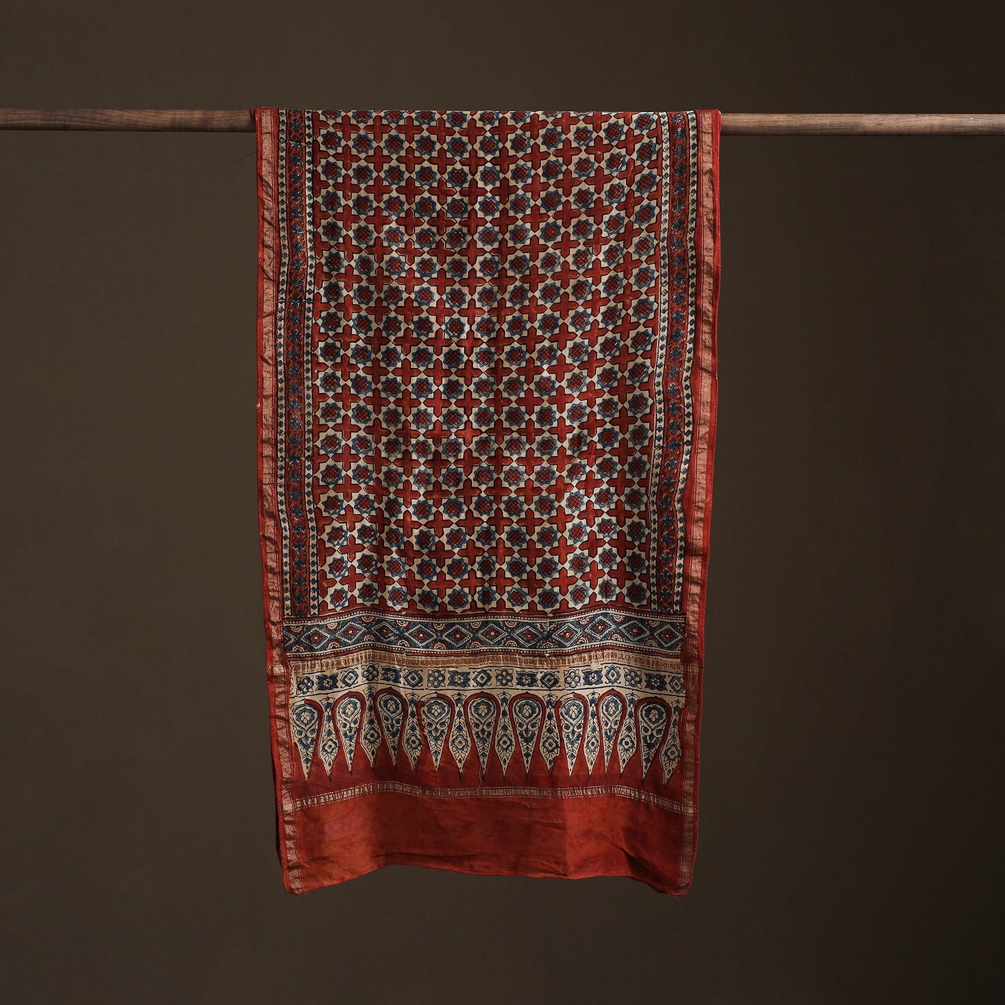 Handloom Chanderi Silk Ajrakh Hand Block Print Natural Dyed Stole 09