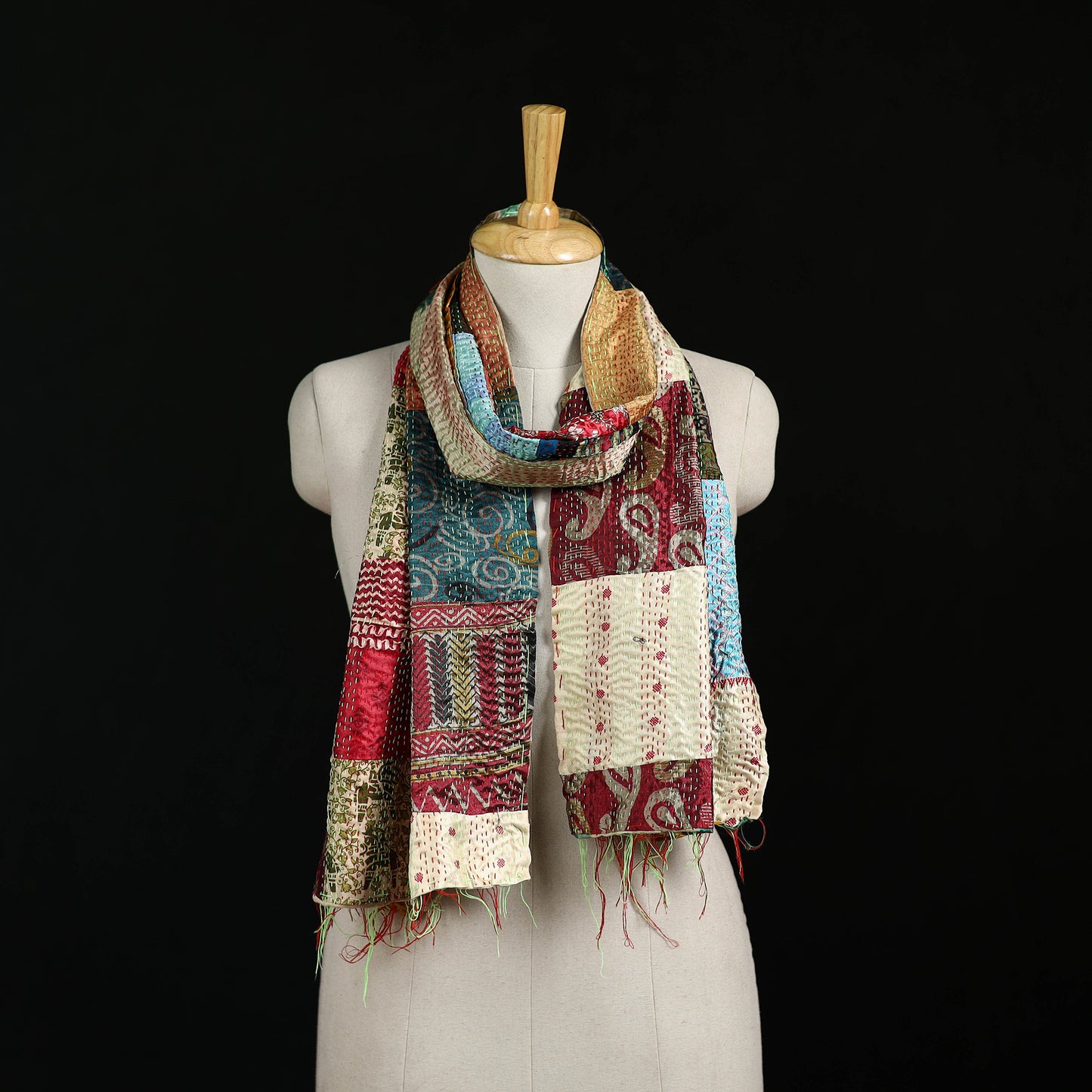 Bengal Kantha Handwork Patchwork Reversible Silk Stole 140