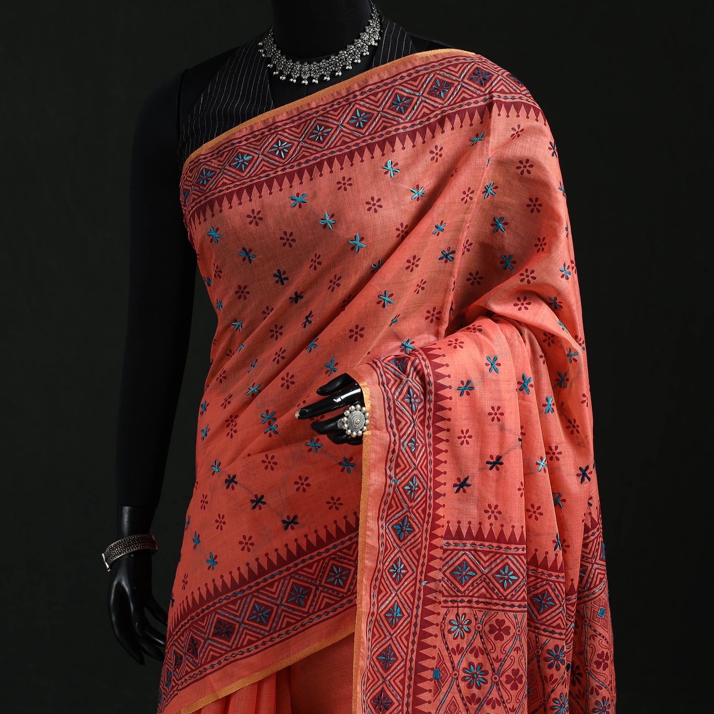 Peach - Bengal Kantha Hand Embroidery Silk Cotton Chapa Work Saree 79