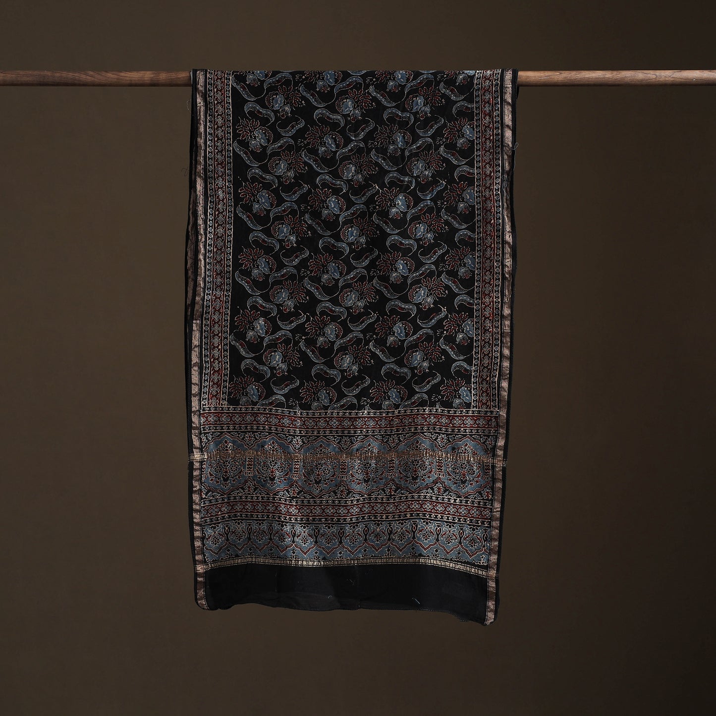 Handloom Chanderi Silk Ajrakh Hand Block Print Natural Dyed Stole 14