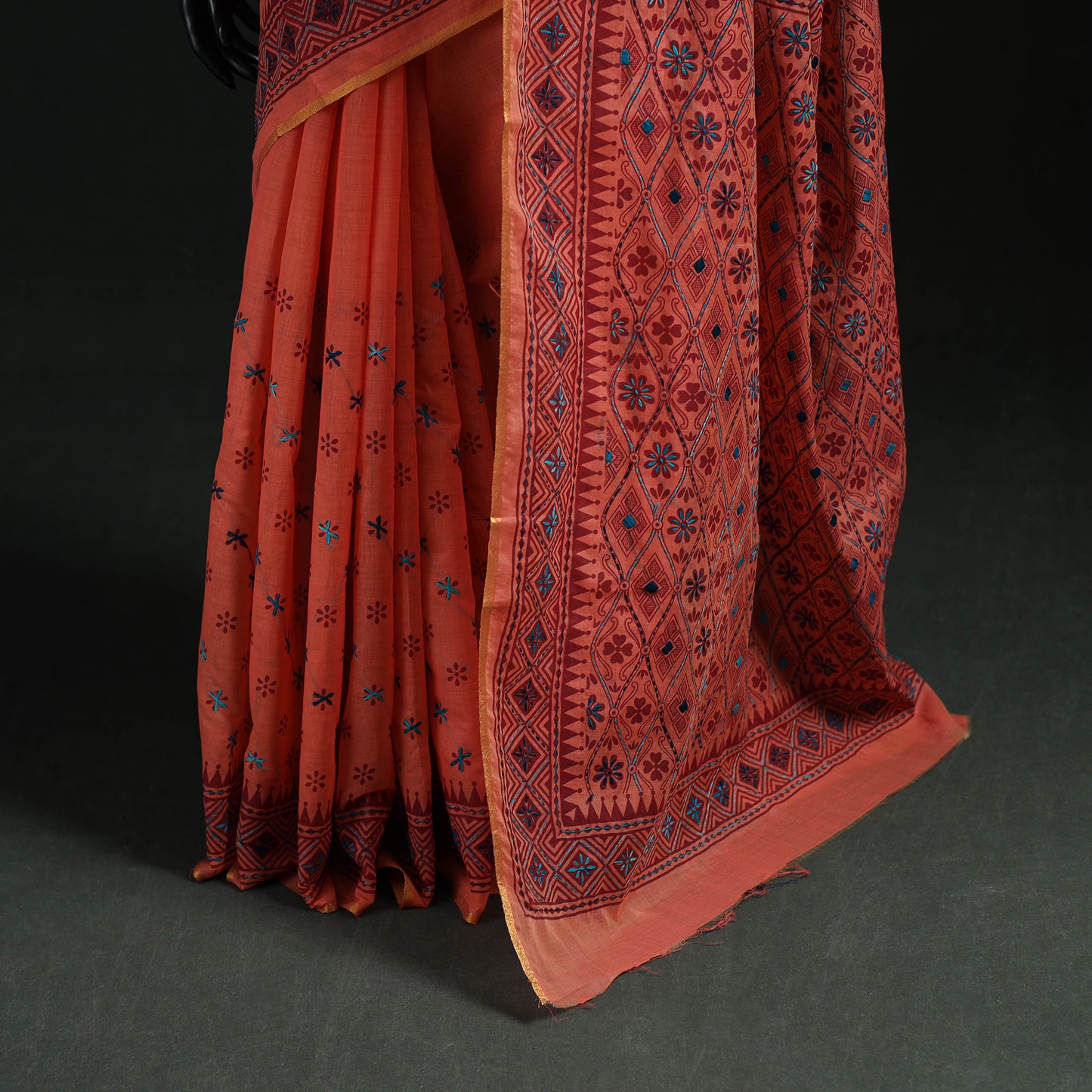 Peach - Bengal Kantha Hand Embroidery Silk Cotton Chapa Work Saree 79