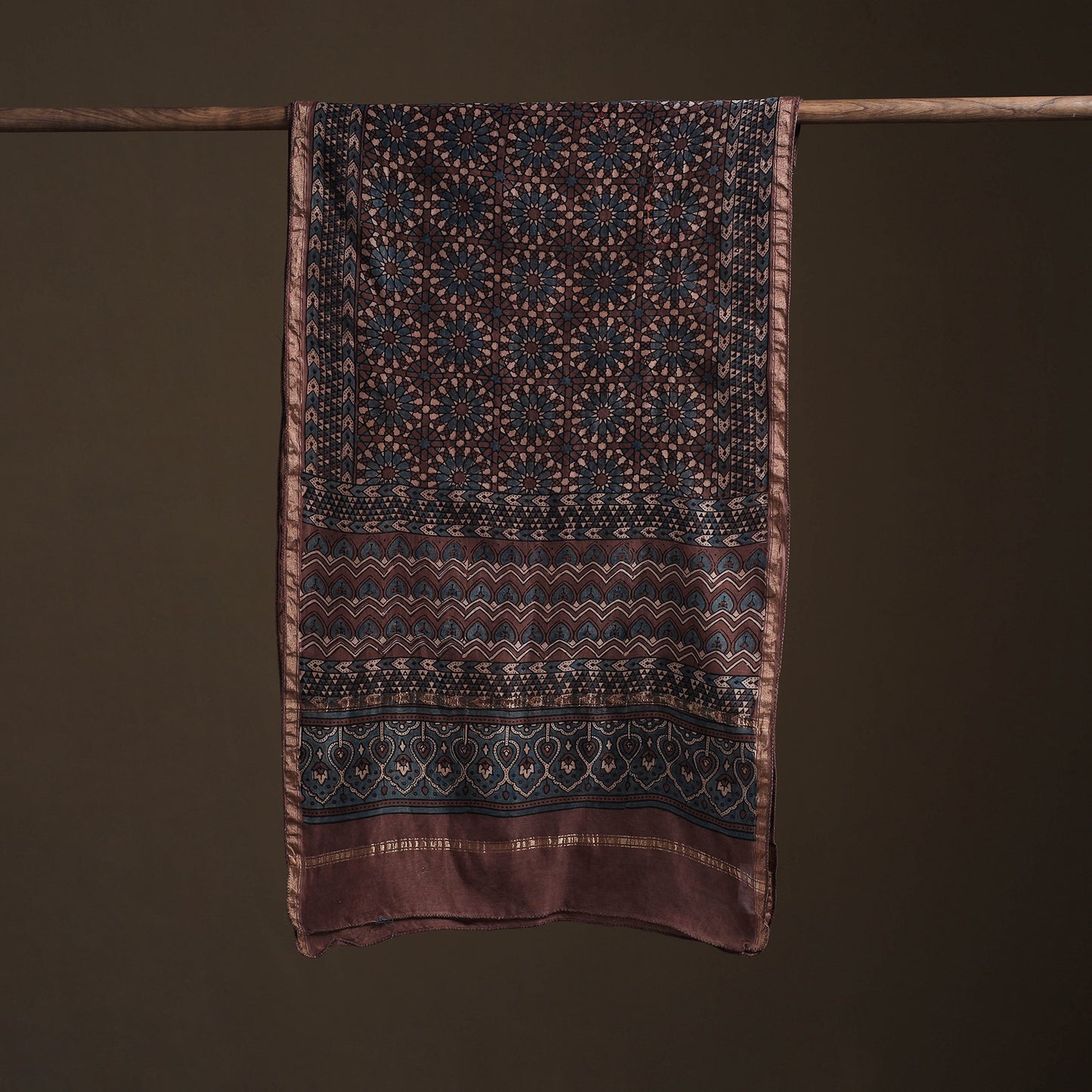 Handloom Chanderi Silk Ajrakh Hand Block Print Natural Dyed Stole 18