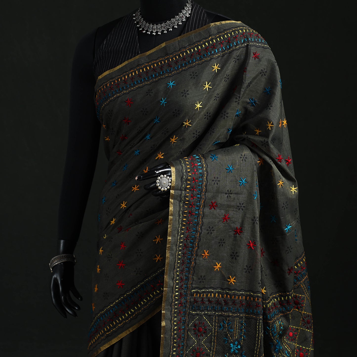 Black - Bengal Kantha Hand Embroidery Silk Cotton Chapa Work Saree 80