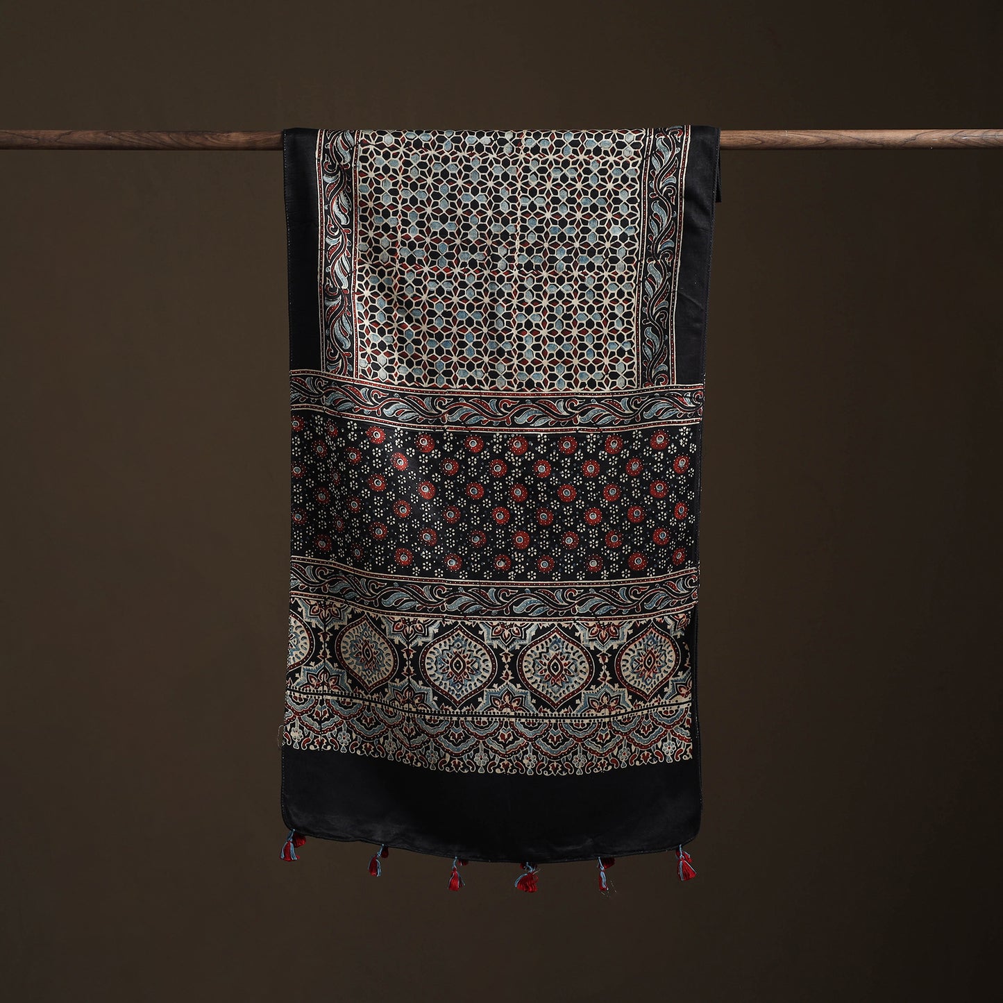 Hand Block Print Natural Dyed Mashru Silk Ajrakh Stole 01