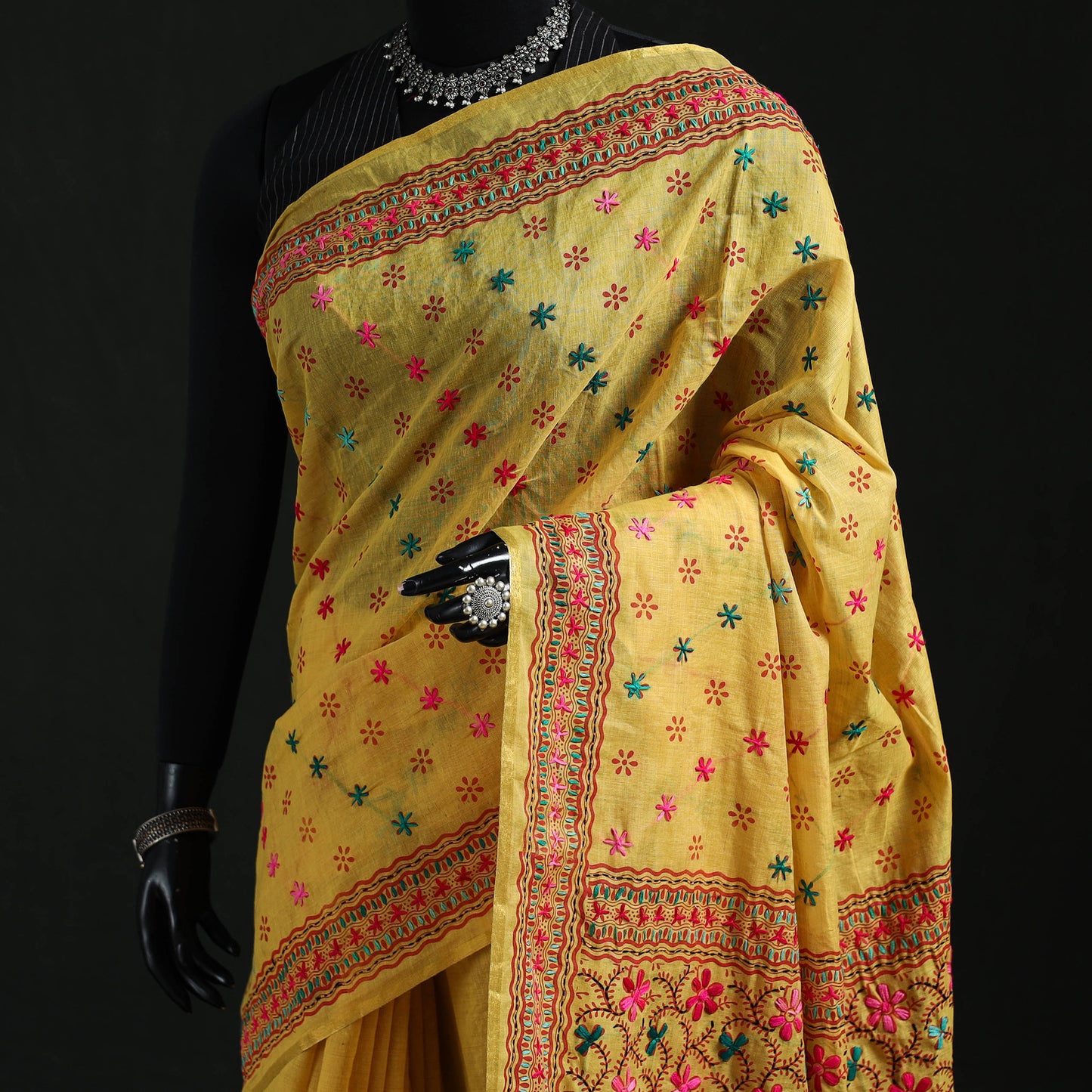 Yellow - Bengal Kantha Hand Embroidery Silk Cotton Chapa Work Saree 81