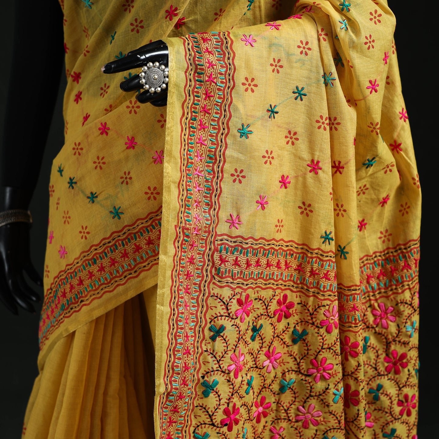 Yellow - Bengal Kantha Hand Embroidery Silk Cotton Chapa Work Saree 81