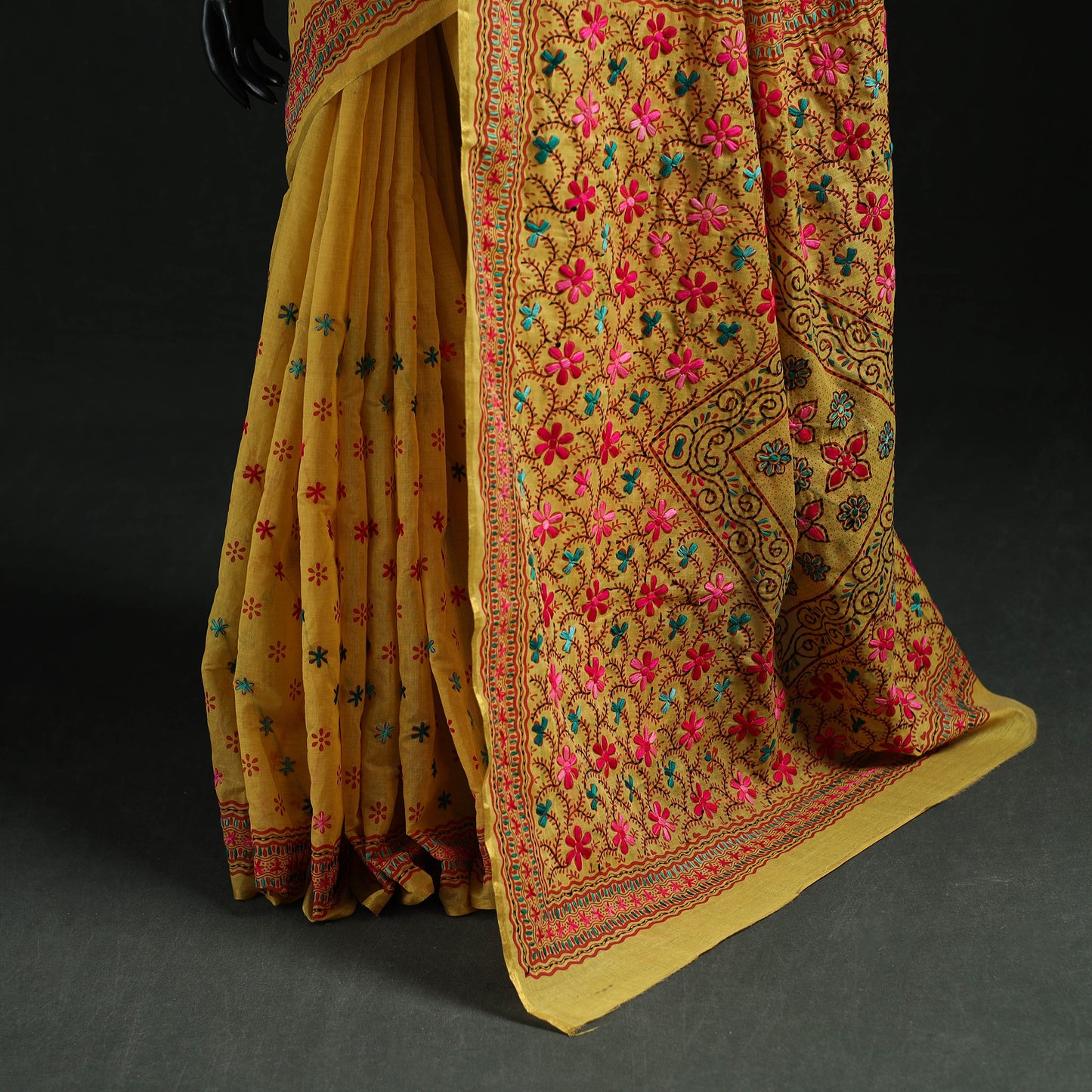 Yellow - Bengal Kantha Hand Embroidery Silk Cotton Chapa Work Saree 81