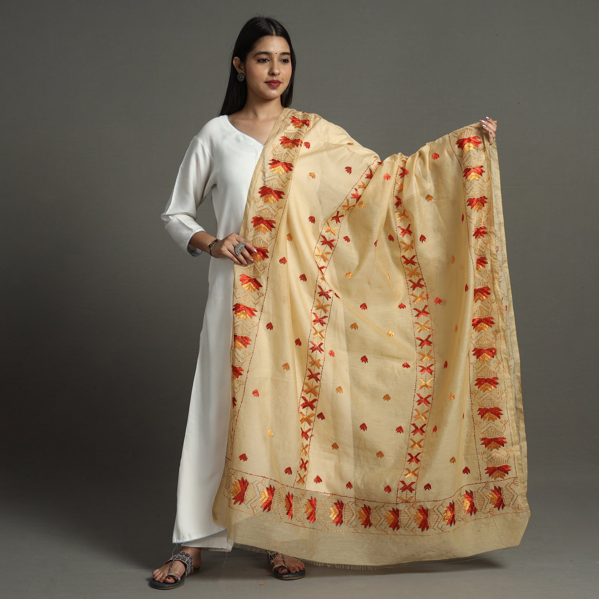 Beige - Phulkari Hand Embroidery Kota Doria Chanderi Silk Dupatta with Tassels 17