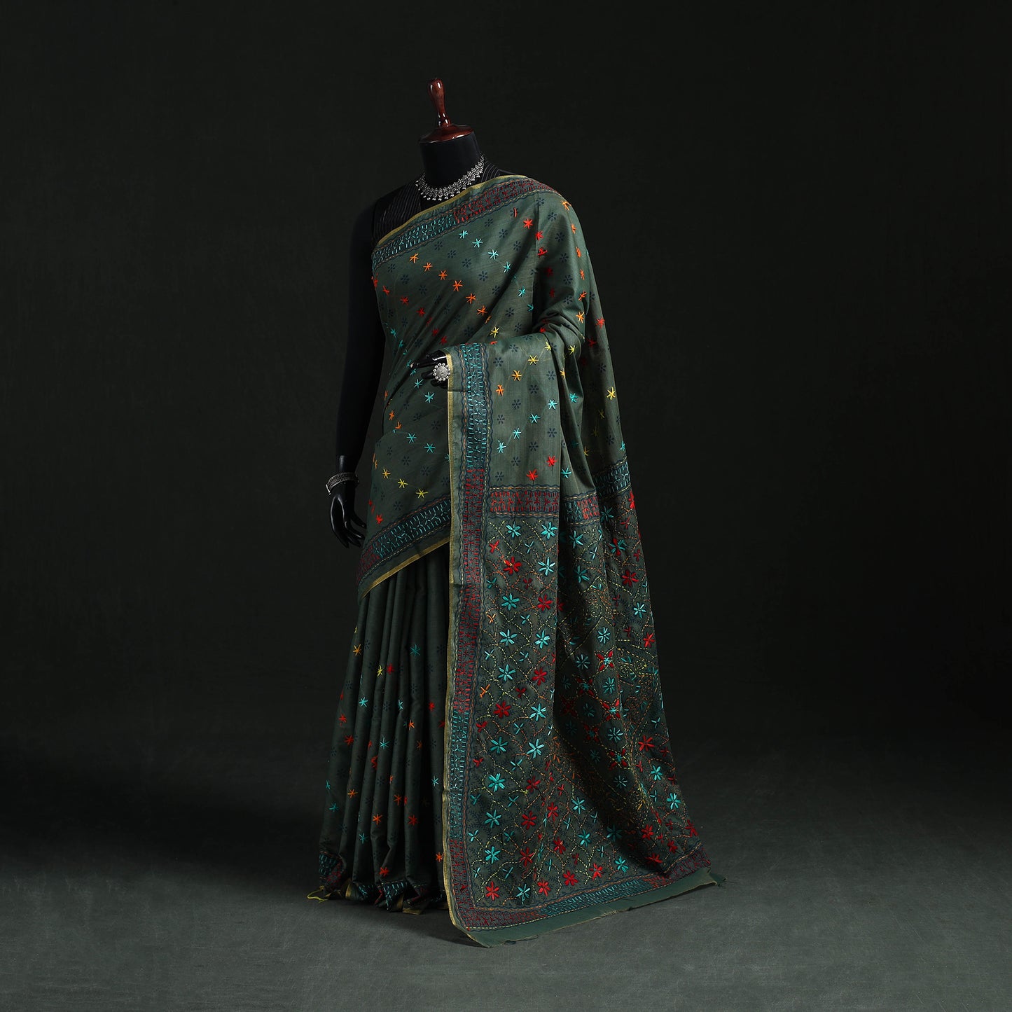 Green - Bengal Kantha Hand Embroidery Silk Cotton Chapa Work Saree 82