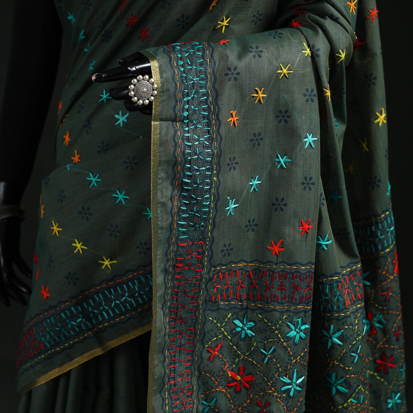 Green - Bengal Kantha Hand Embroidery Silk Cotton Chapa Work Saree 82
