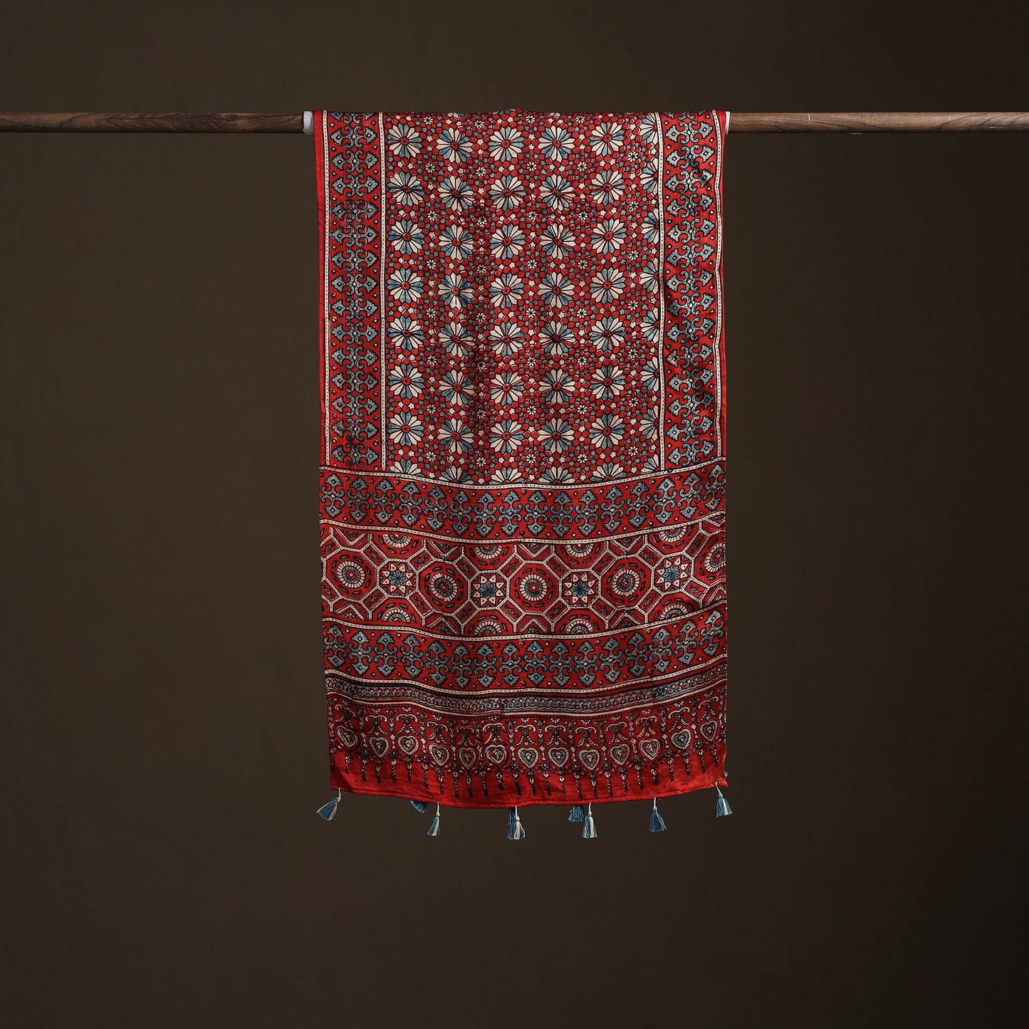 Hand Block Print Natural Dyed Modal Silk Ajrakh Stole 07