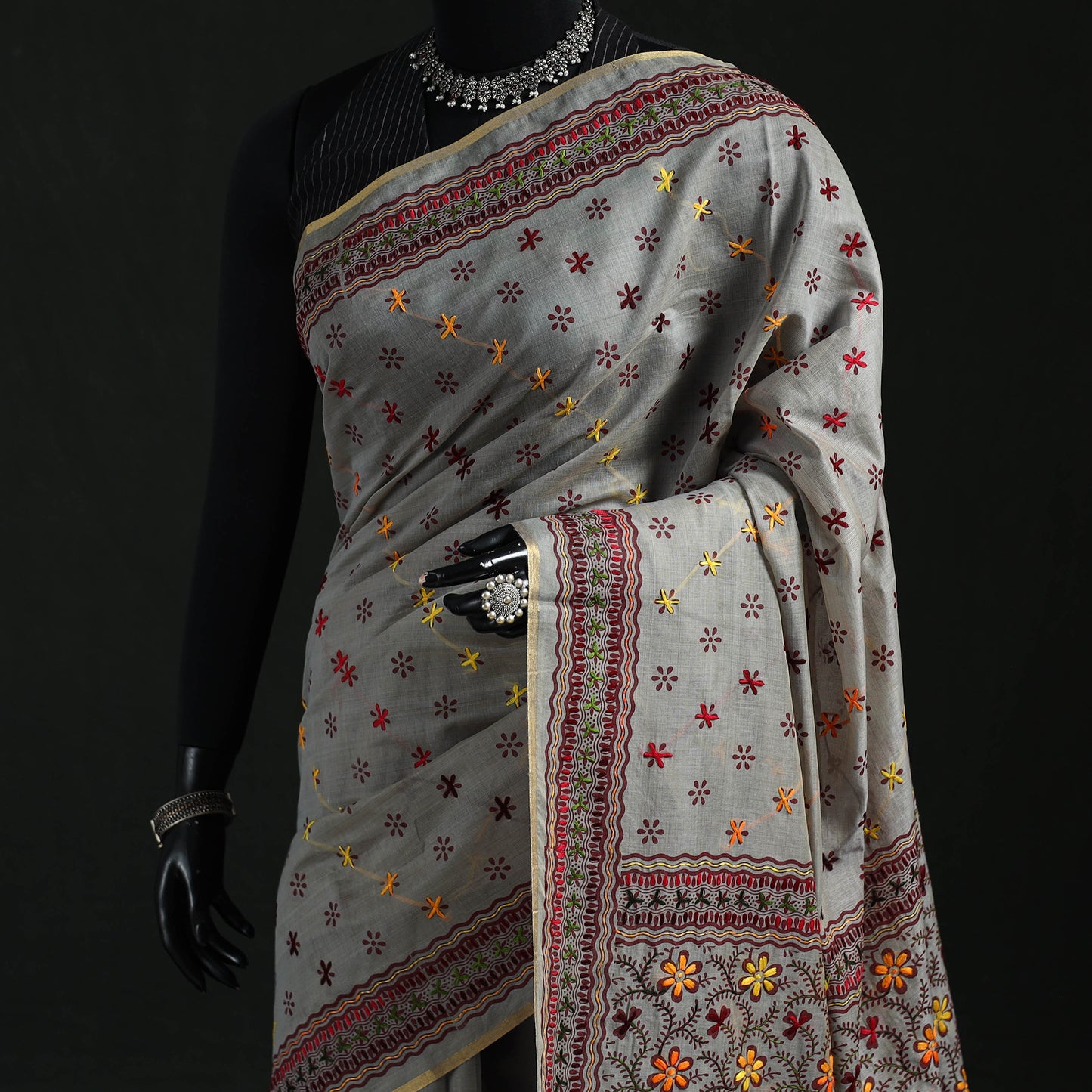 Bengal Kantha Hand Embroidery Silk Cotton Chapa Work Saree 85