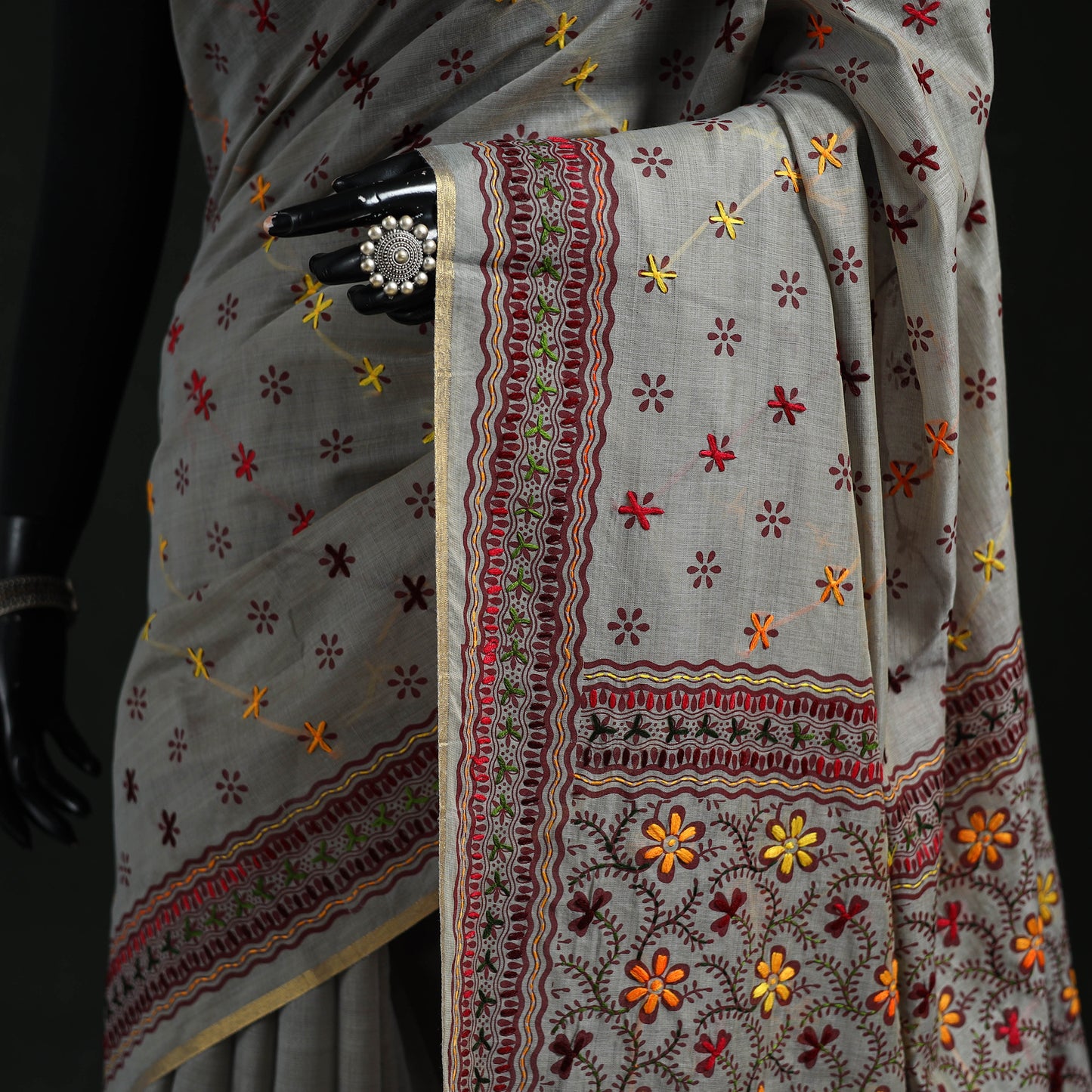 Bengal Kantha Hand Embroidery Silk Cotton Chapa Work Saree 85