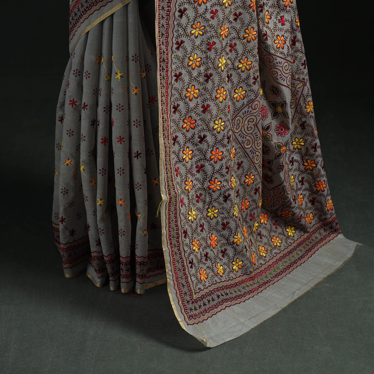 Bengal Kantha Hand Embroidery Silk Cotton Chapa Work Saree 85