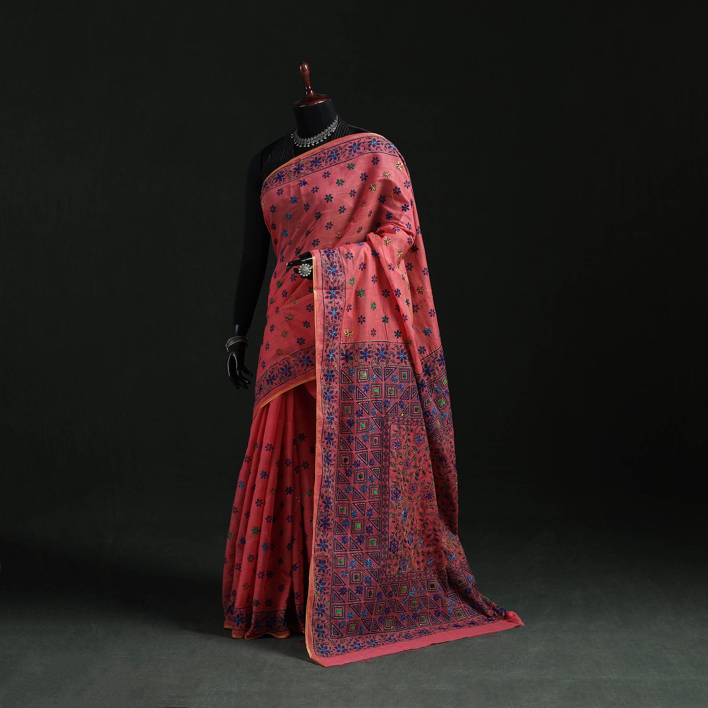 Bengal Kantha Hand Embroidery Silk Cotton Chapa Work Saree 86