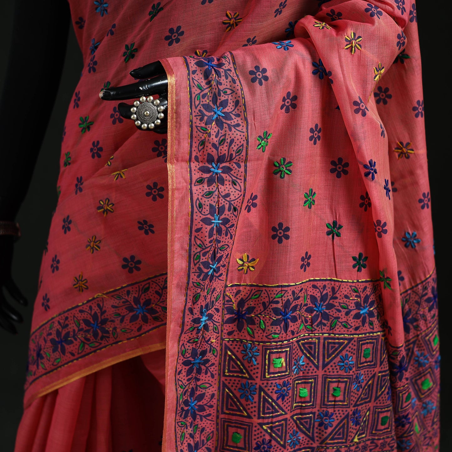 Bengal Kantha Hand Embroidery Silk Cotton Chapa Work Saree 86